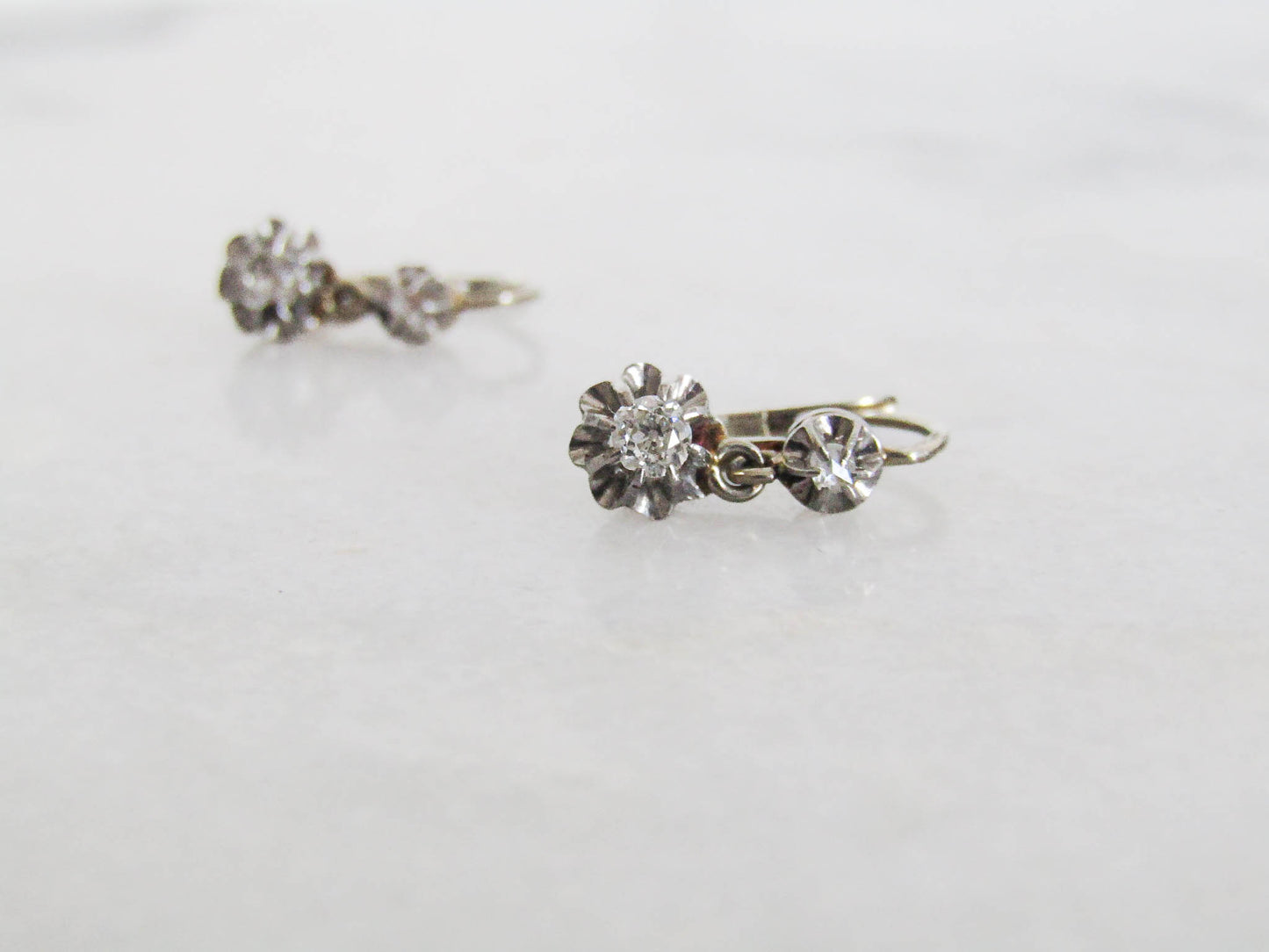 Antique Platinum and 18K Gold Old European Cut Diamond Art Deco Trembleuse Earrings c. 1920