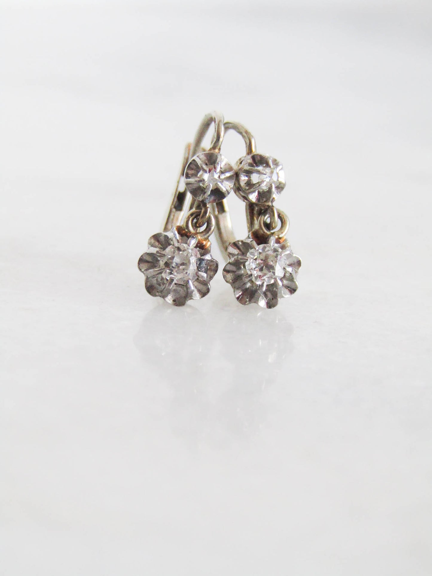 Antique Platinum and 18K Gold Old European Cut Diamond Art Deco Trembleuse Earrings c. 1920