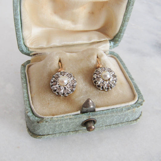 BOXED | Antique Platinum and 18K Gold, Diamond, and Pearl French Belle Epoque Dormeuse Sleeper Earrings c. 1900