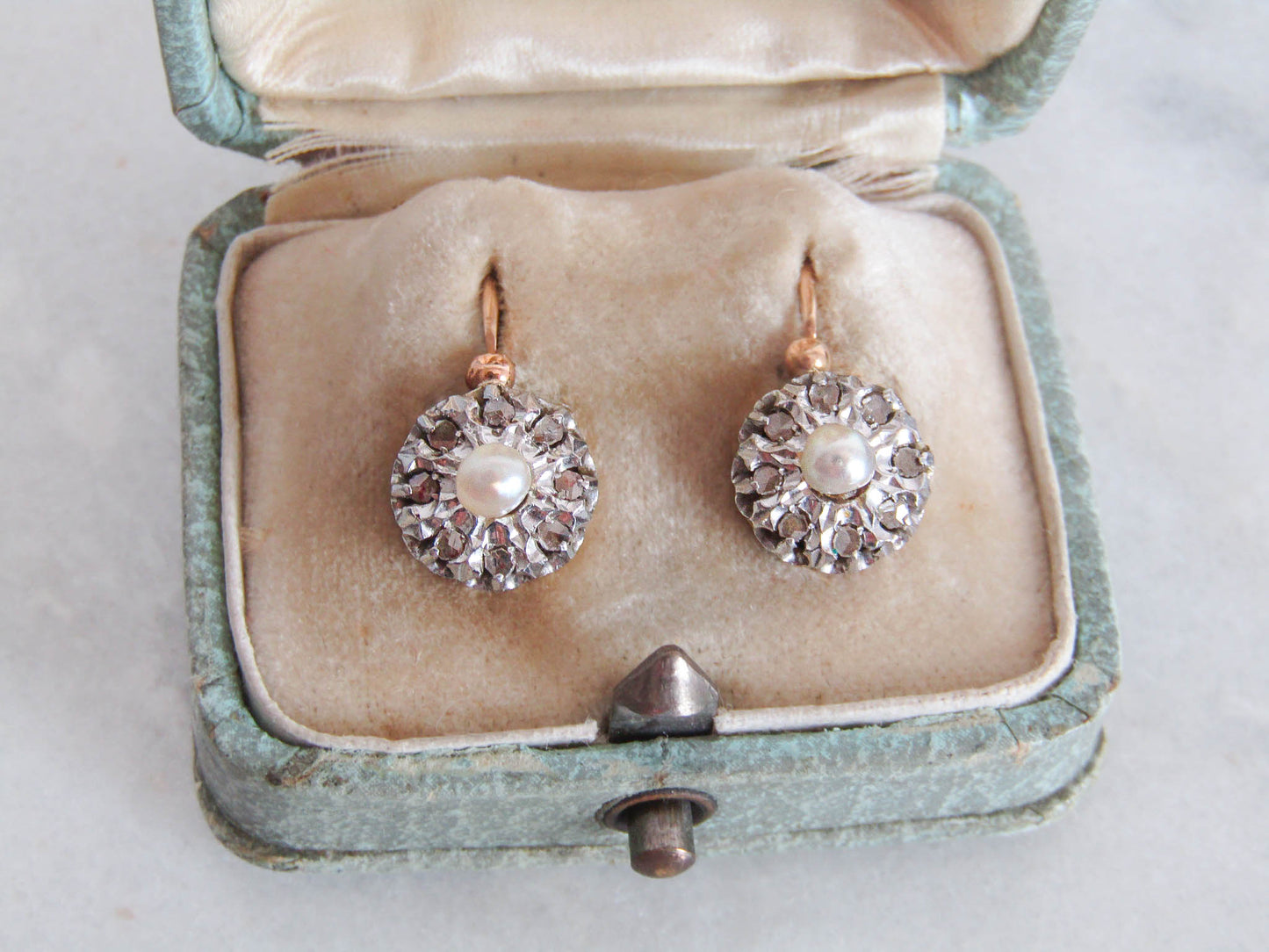 BOXED | Antique Platinum and 18K Gold, Diamond, and Pearl French Belle Epoque Dormeuse Sleeper Earrings c. 1900