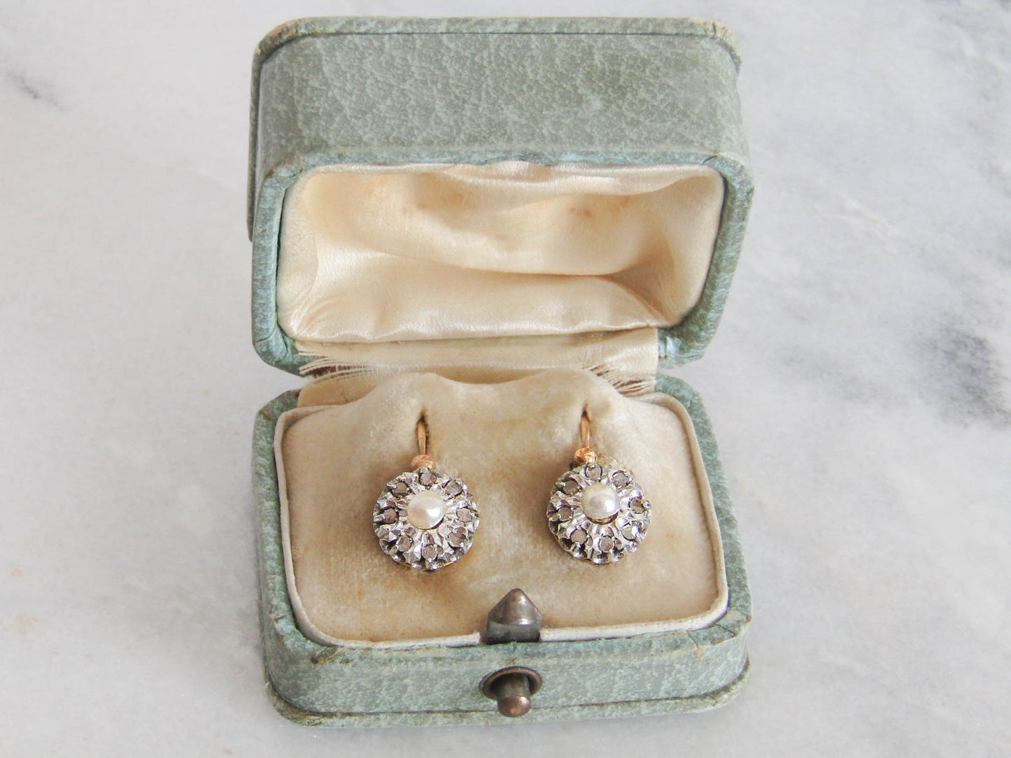 BOXED | Antique Platinum and 18K Gold, Diamond, and Pearl French Belle Epoque Dormeuse Sleeper Earrings c. 1900