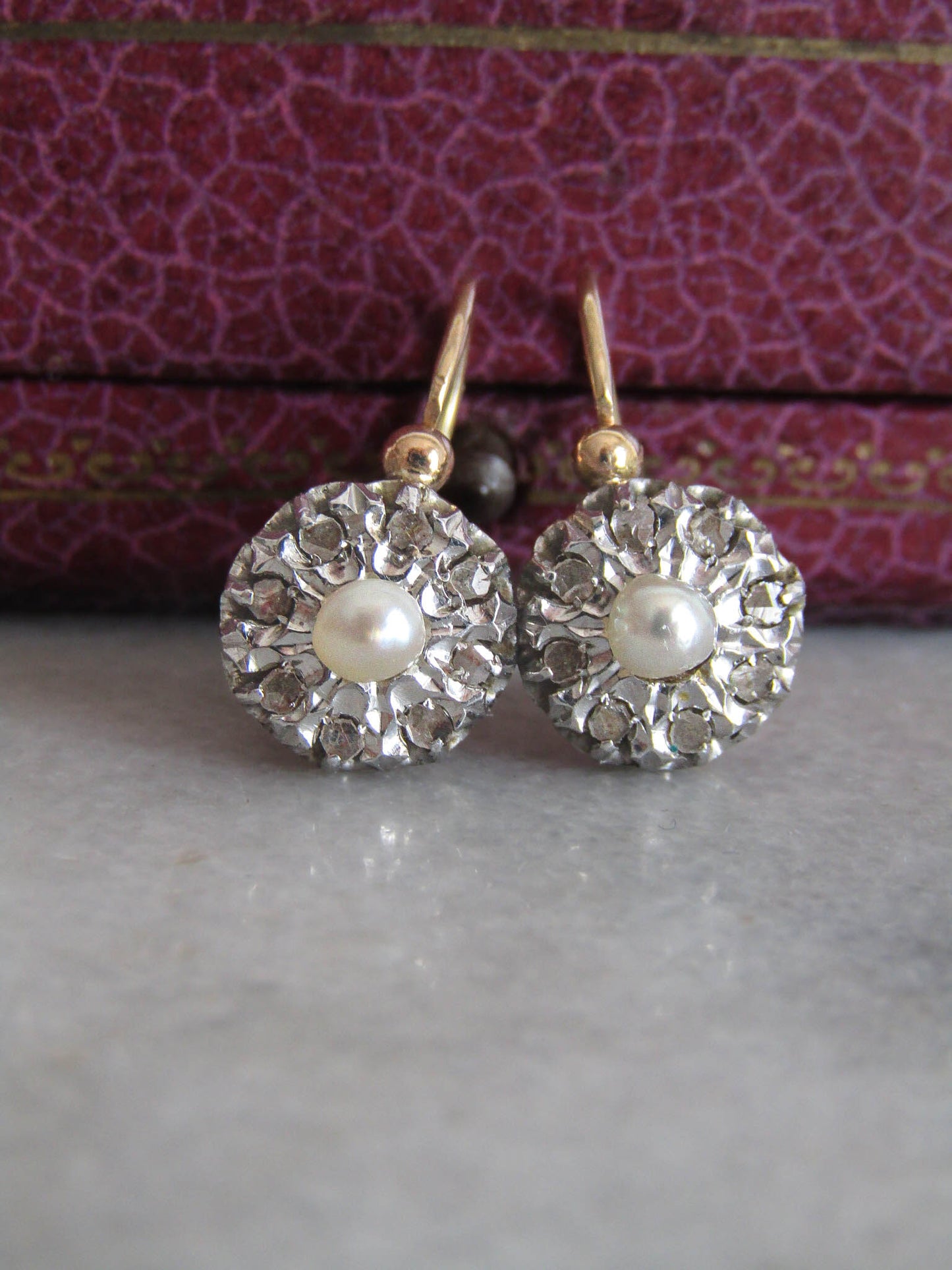 BOXED | Antique Platinum and 18K Gold, Diamond, and Pearl French Belle Epoque Dormeuse Sleeper Earrings c. 1900