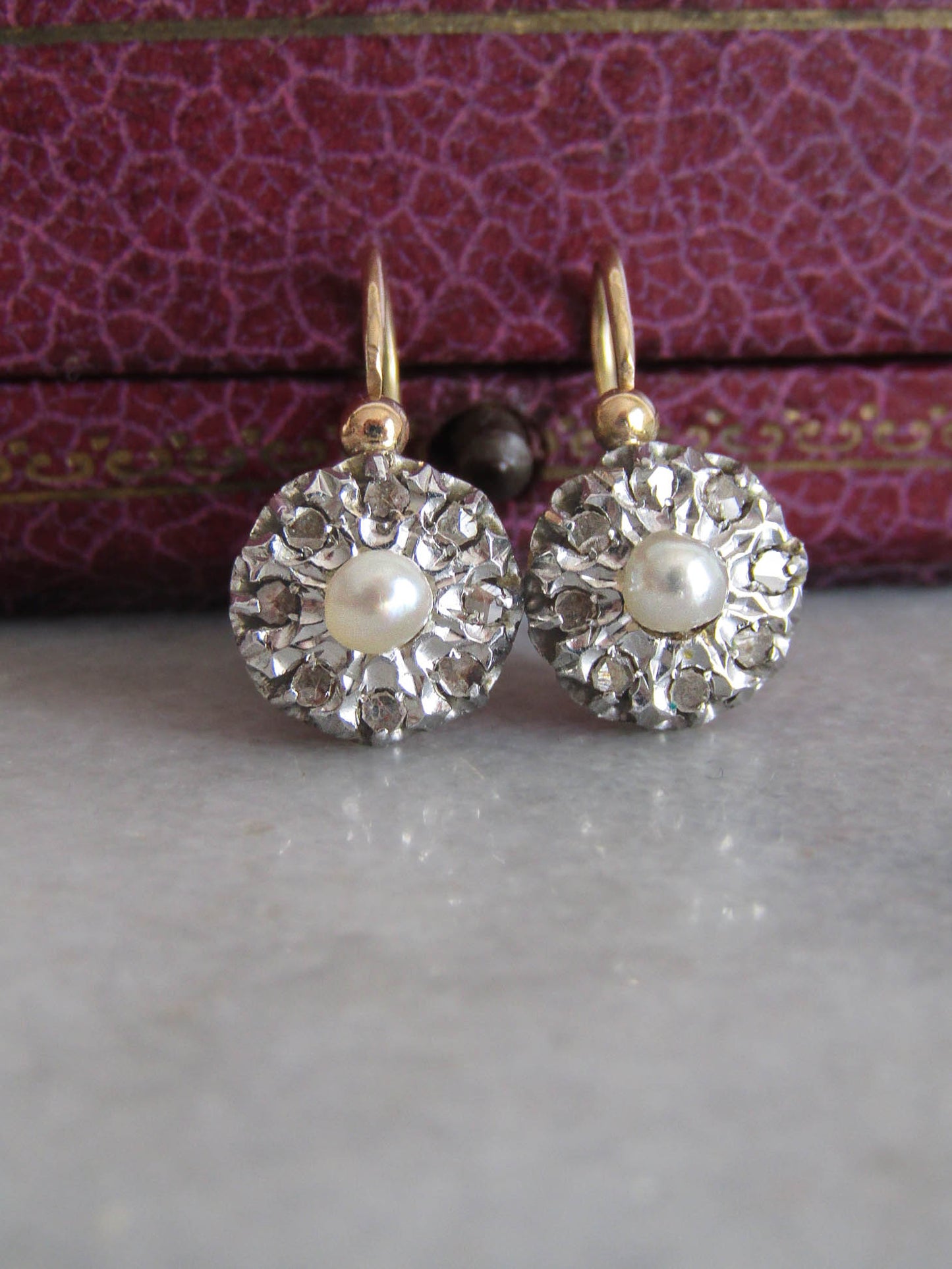 BOXED | Antique Platinum and 18K Gold, Diamond, and Pearl French Belle Epoque Dormeuse Sleeper Earrings c. 1900