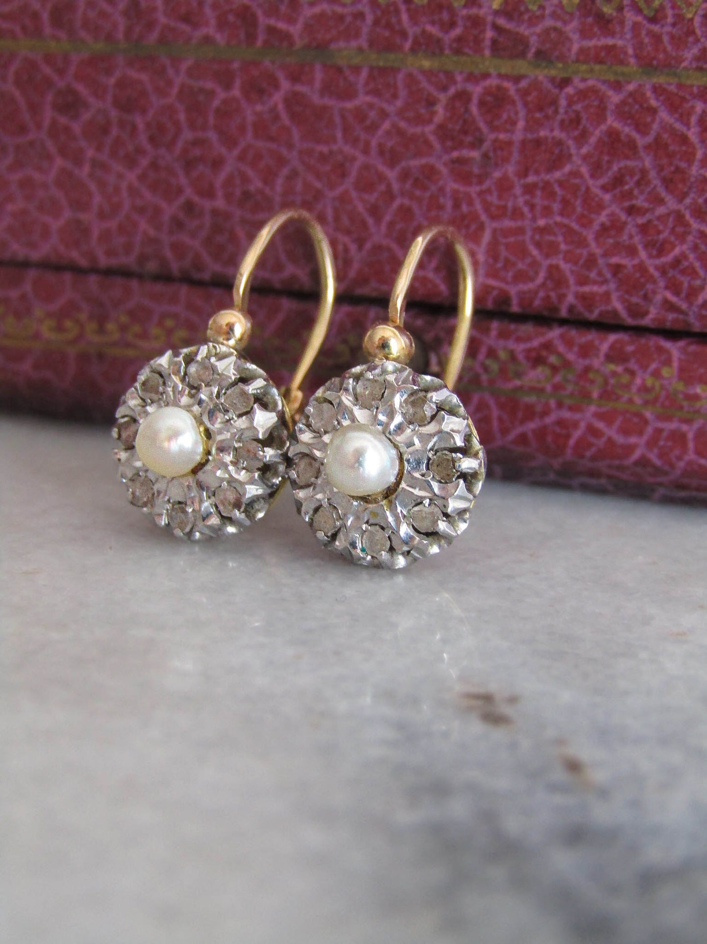 BOXED | Antique Platinum and 18K Gold, Diamond, and Pearl French Belle Epoque Dormeuse Sleeper Earrings c. 1900