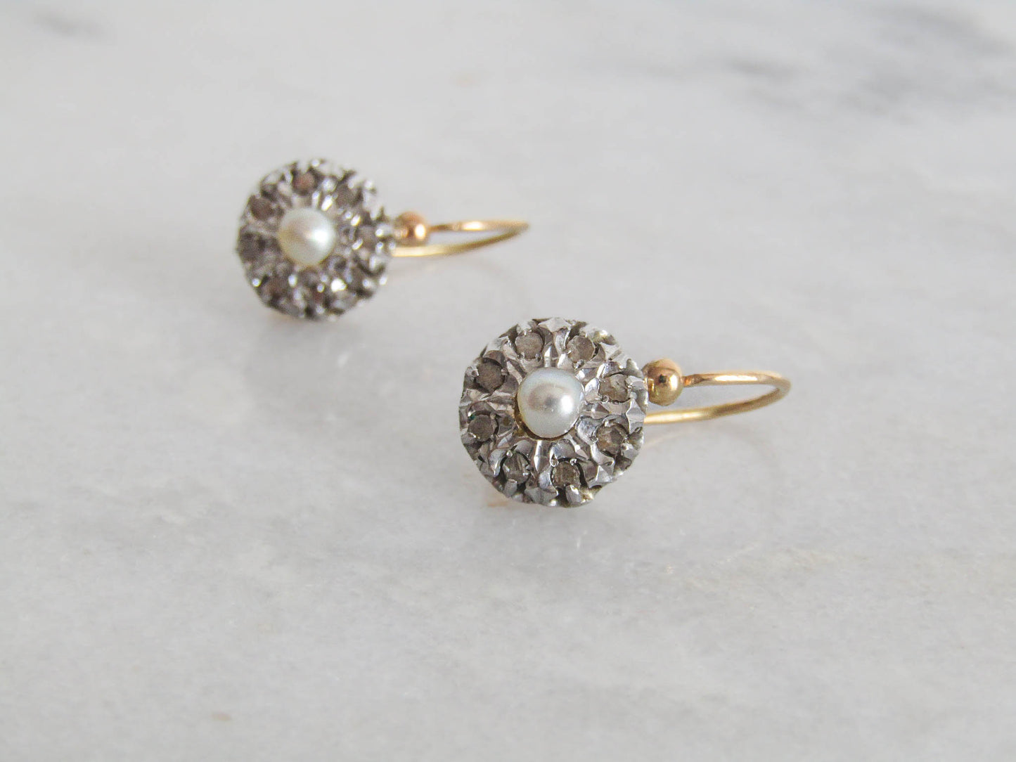 BOXED | Antique Platinum and 18K Gold, Diamond, and Pearl French Belle Epoque Dormeuse Sleeper Earrings c. 1900