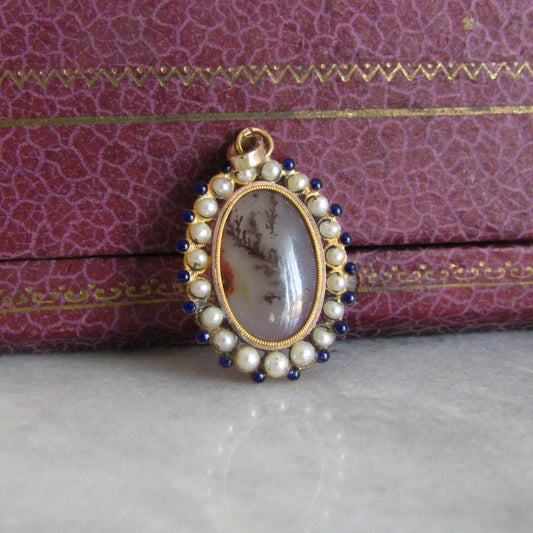 18K Rare Georgian Dendritic Moss Agate, Pearl, and Enamel pendant c. 1815