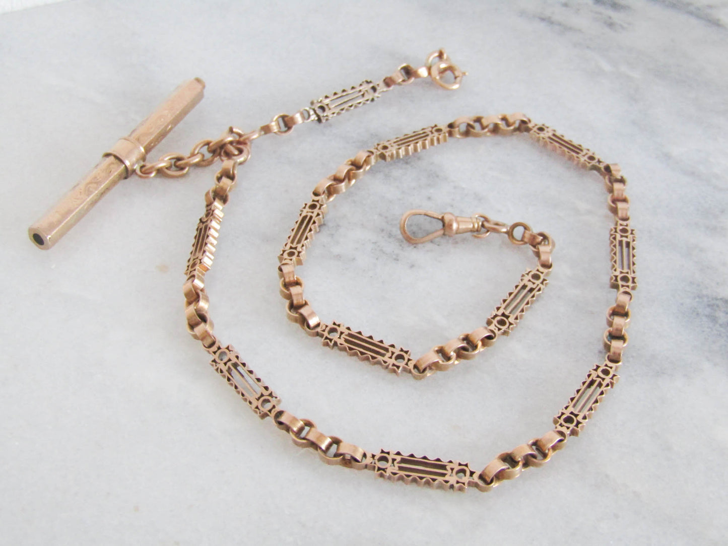 Antique 18K Rose Gold Albert Chain T-Bar Watch Chain Choker Necklace