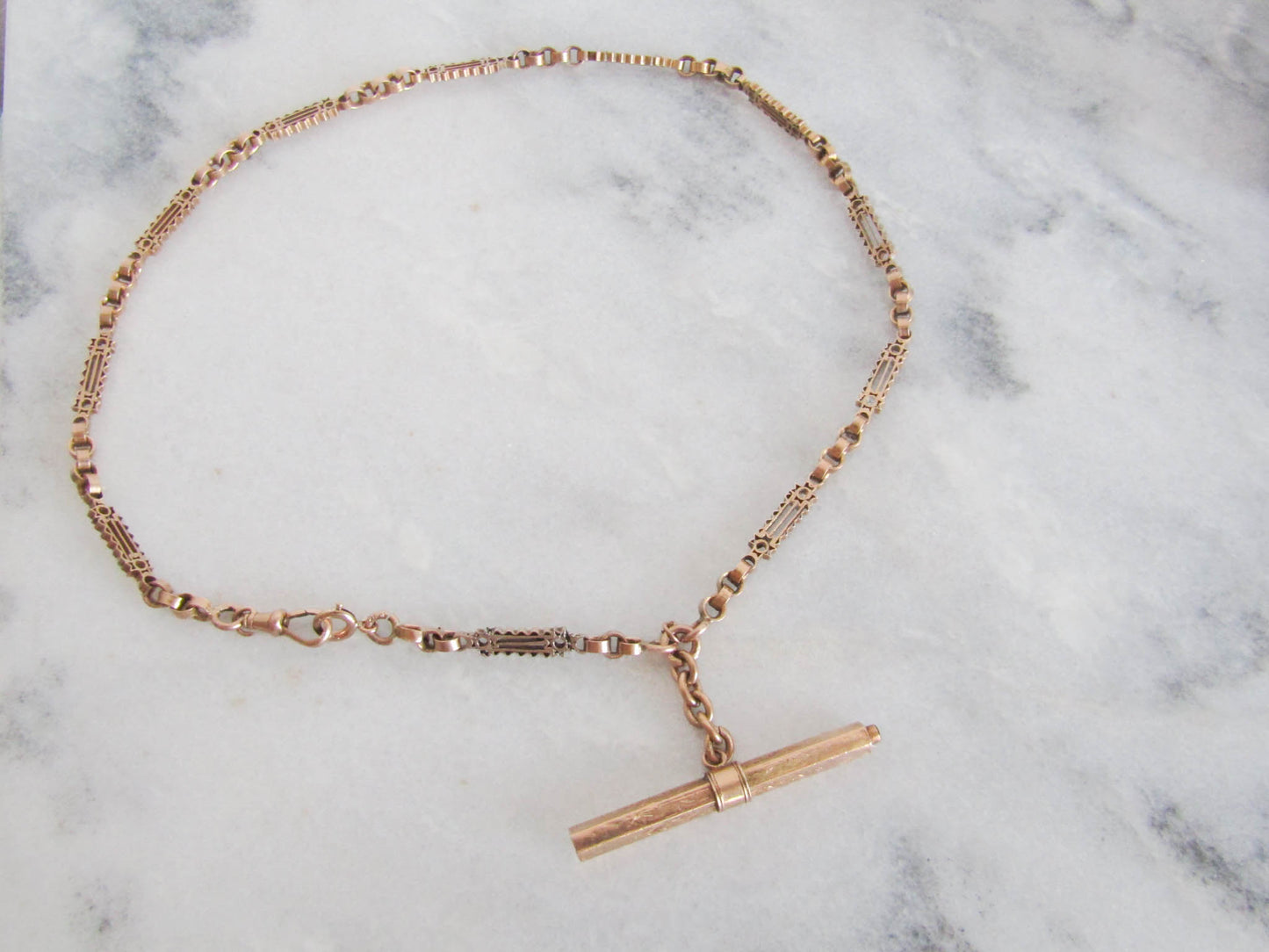 Antique 18K Rose Gold Albert Chain T-Bar Watch Chain Choker Necklace