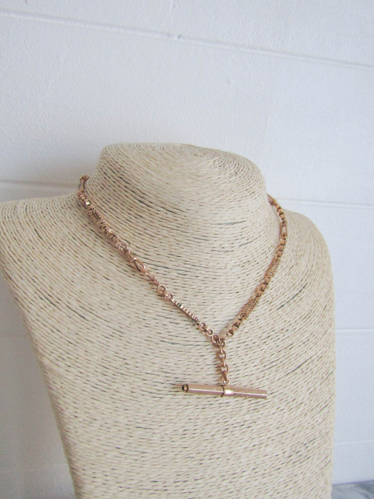 Antique 18K Rose Gold Albert Chain T-Bar Watch Chain Choker Necklace