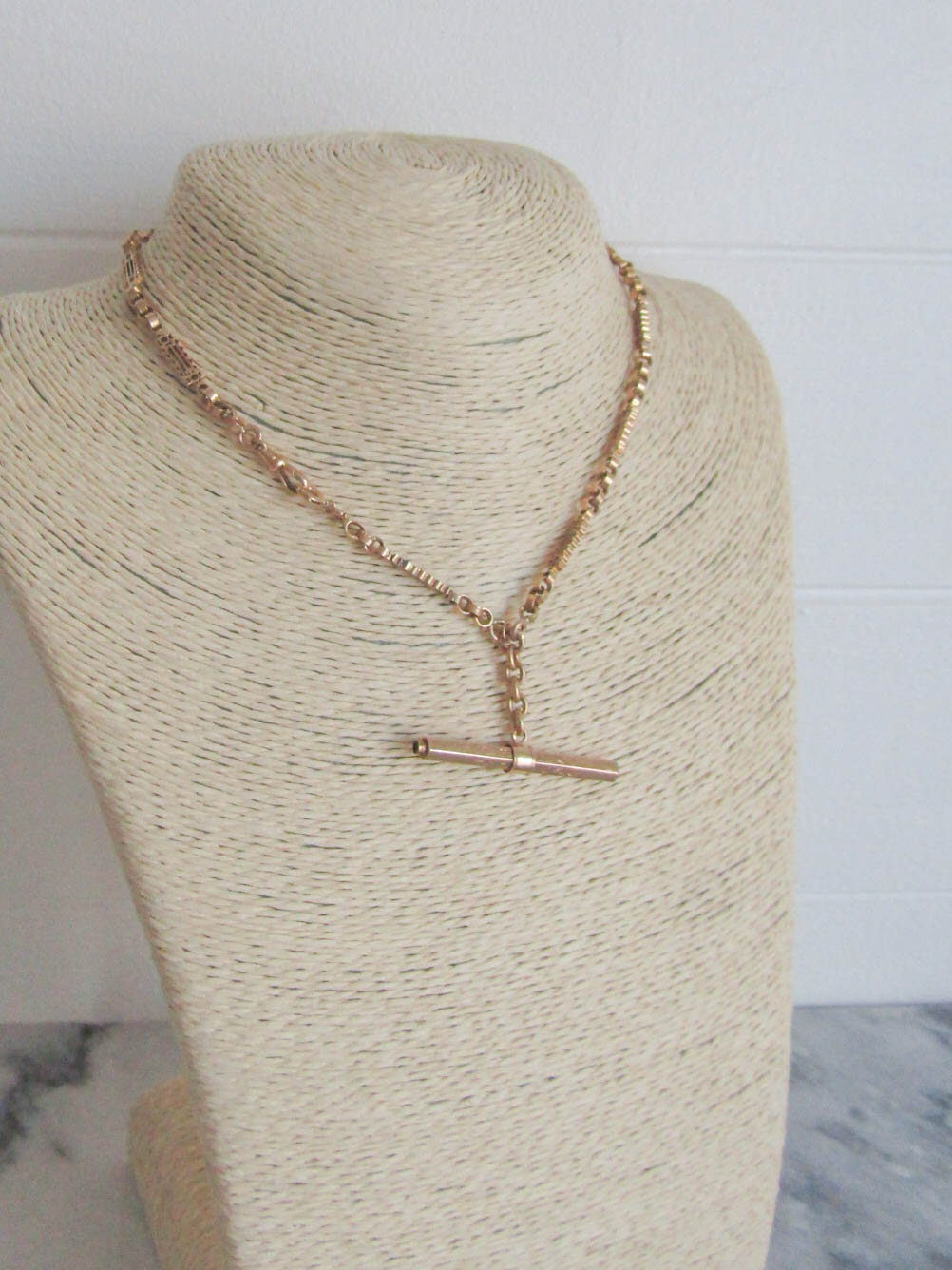 Antique 18K Rose Gold Albert Chain T-Bar Watch Chain Choker Necklace