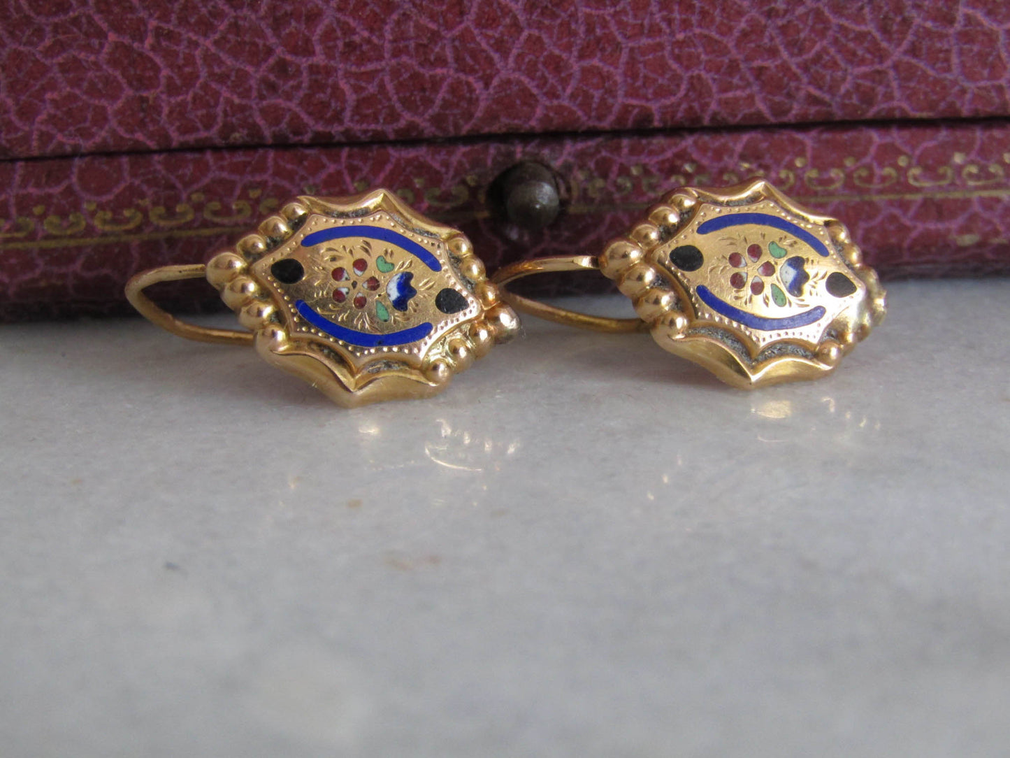 Antique 18K Solid Gold Victorian Enamel Sleeper Earrings, Vintage French Victorian Drop Earrings