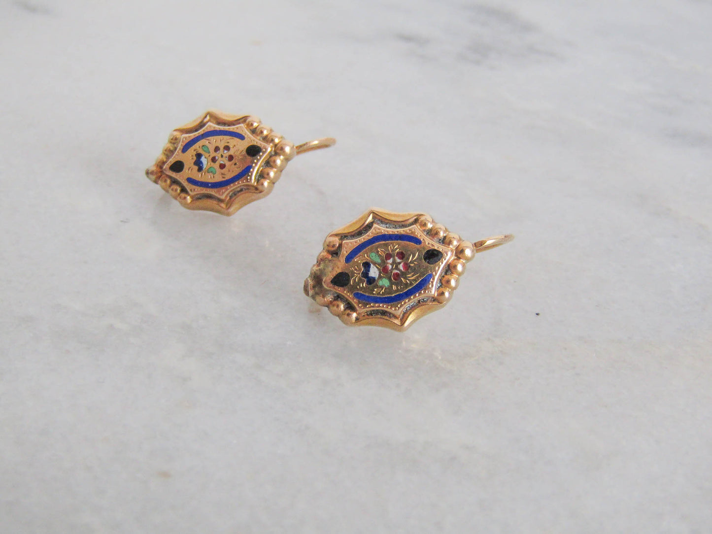 Antique 18K Solid Gold Victorian Enamel Sleeper Earrings, Vintage French Victorian Drop Earrings