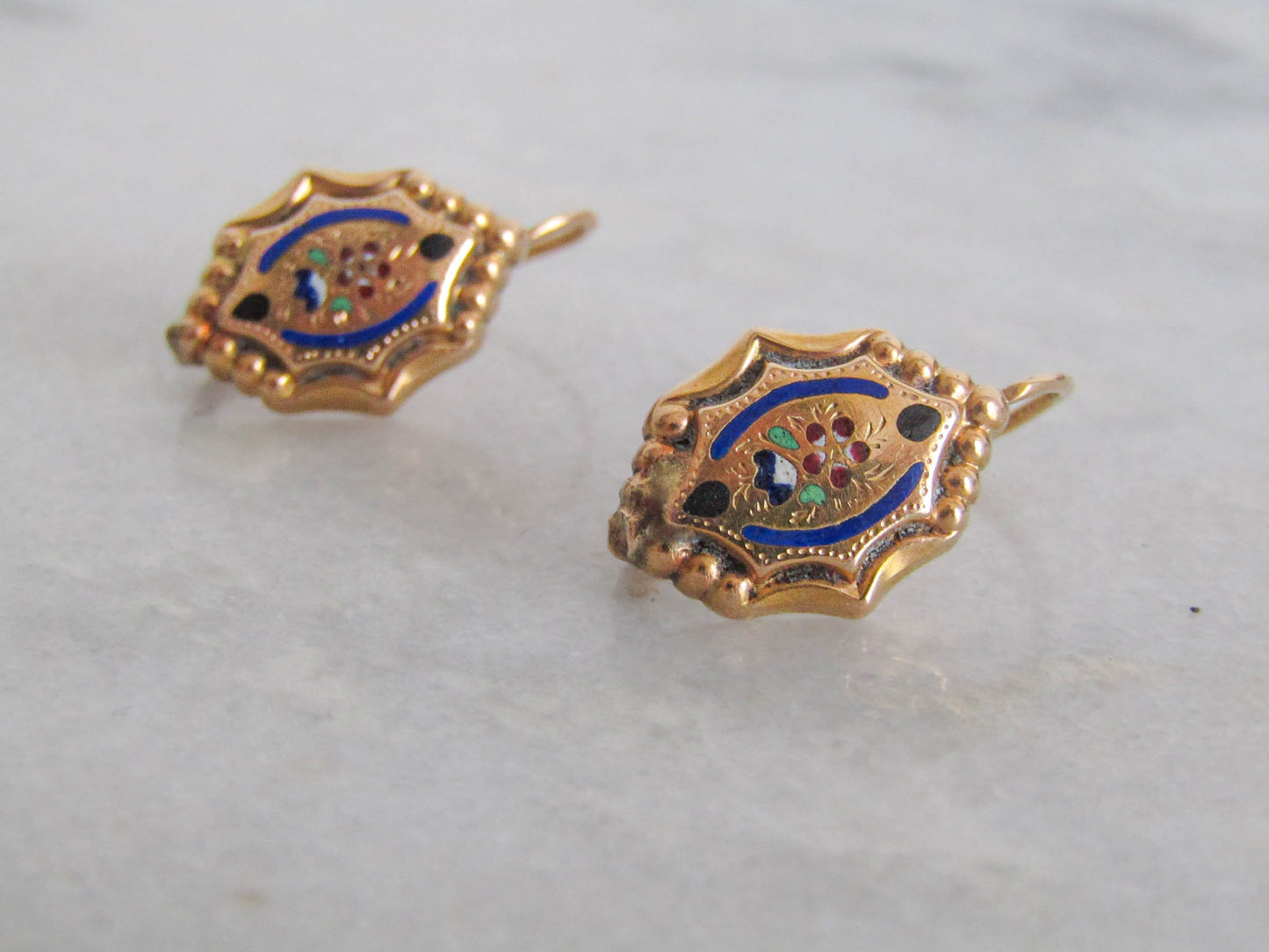 Antique 18K Solid Gold Victorian Enamel Sleeper Earrings, Vintage French Victorian Drop Earrings