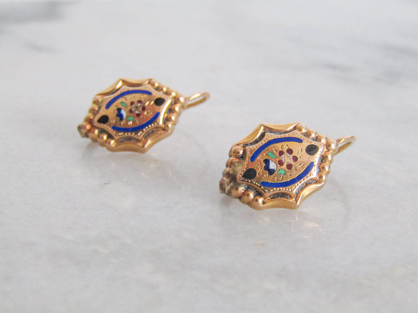 Antique 18K Solid Gold Victorian Enamel Sleeper Earrings, Vintage French Victorian Drop Earrings