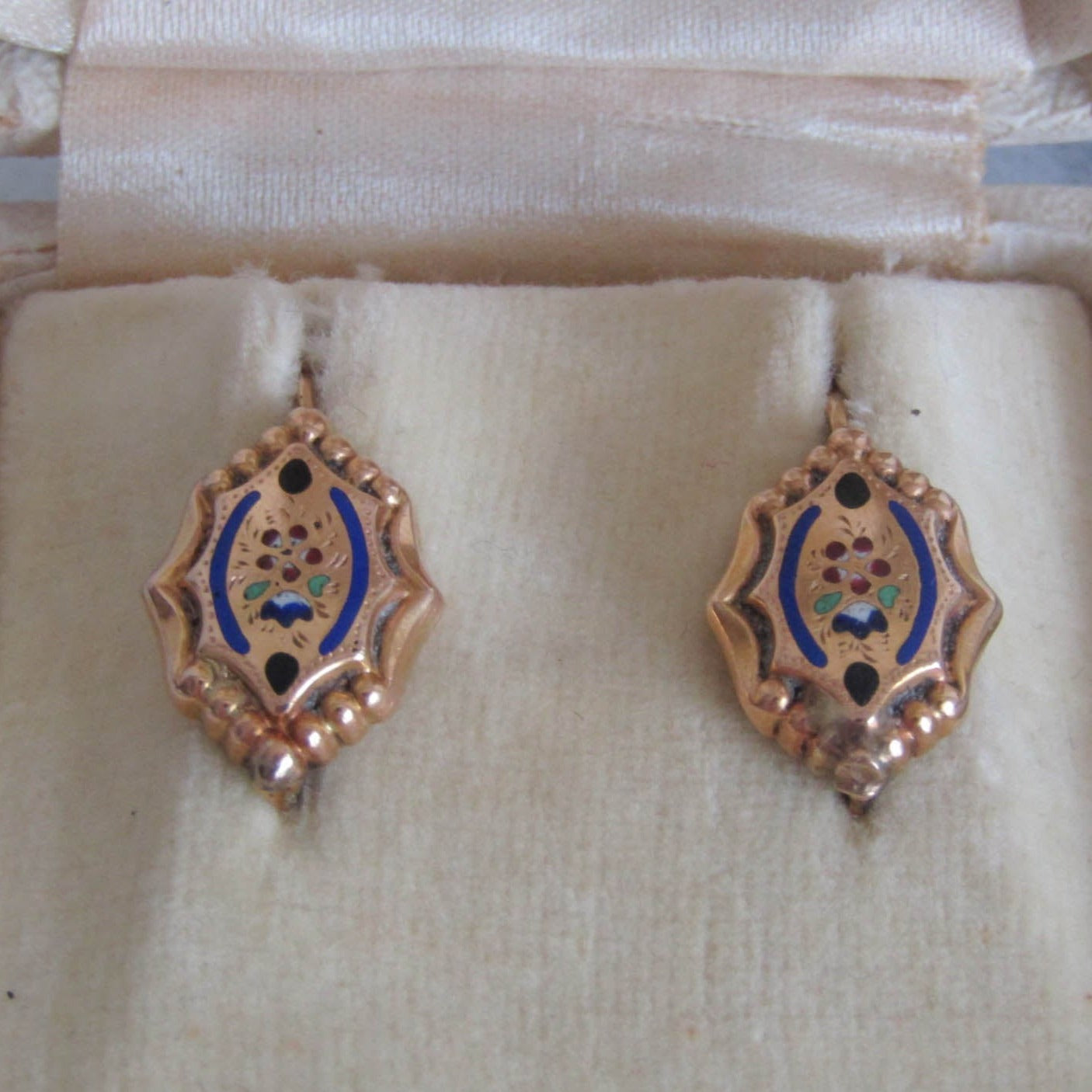 Antique 18K Solid Gold Victorian Enamel Sleeper Earrings, Vintage French Victorian Drop Earrings