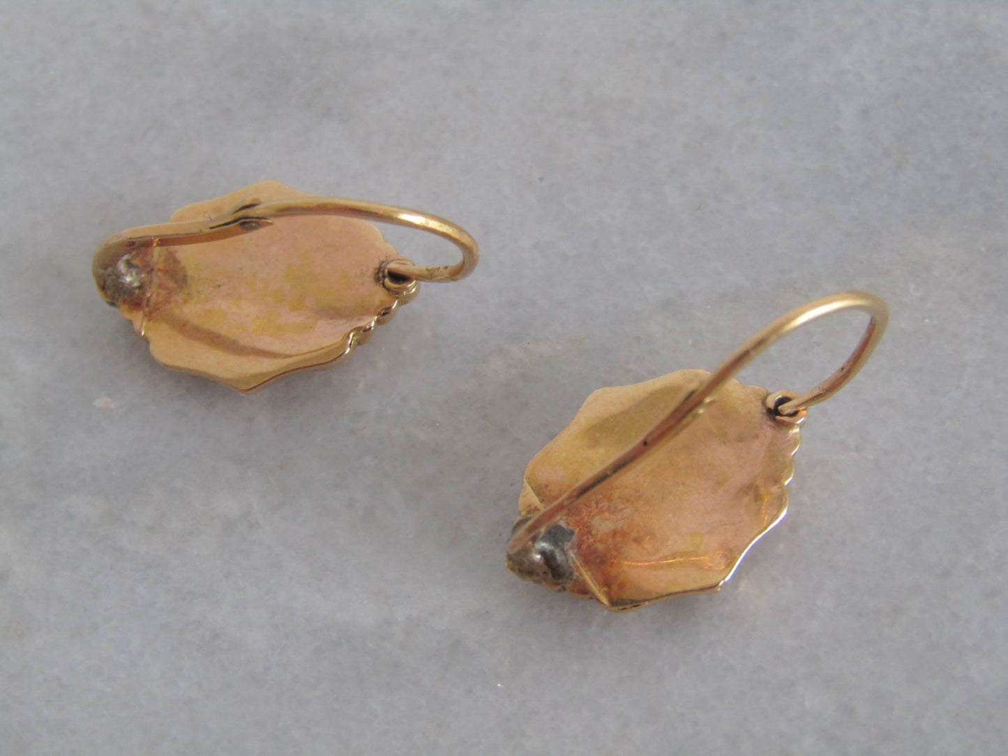 Antique 18K Solid Gold Victorian Enamel Sleeper Earrings, Vintage French Victorian Drop Earrings