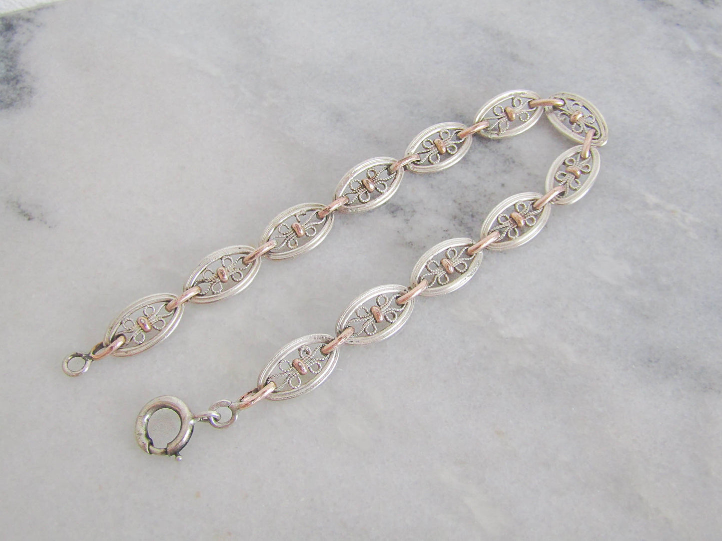 Antique Silver and Rose Gold Fill Filigree Bracelet