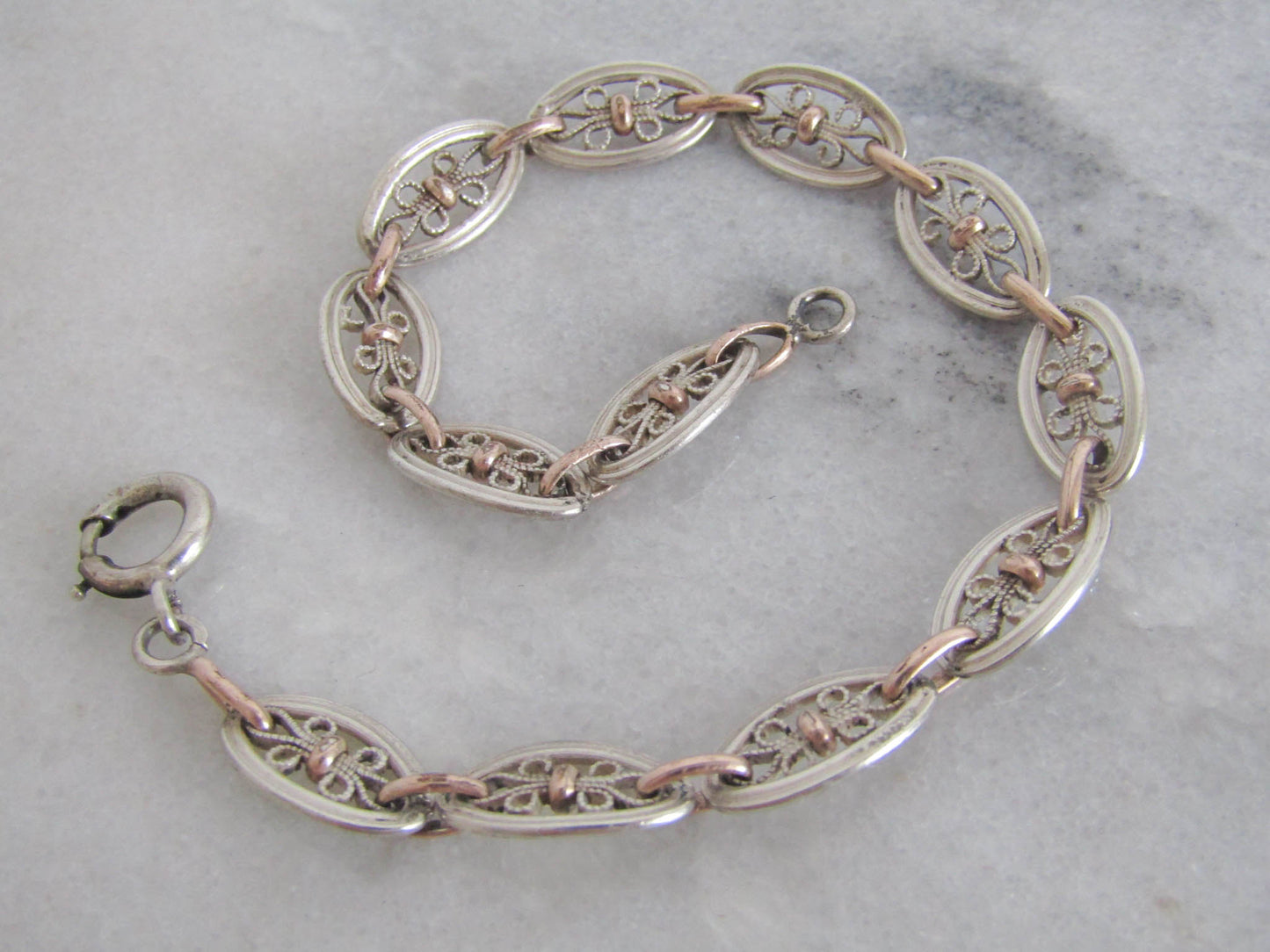 Antique Silver and Rose Gold Fill Filigree Bracelet