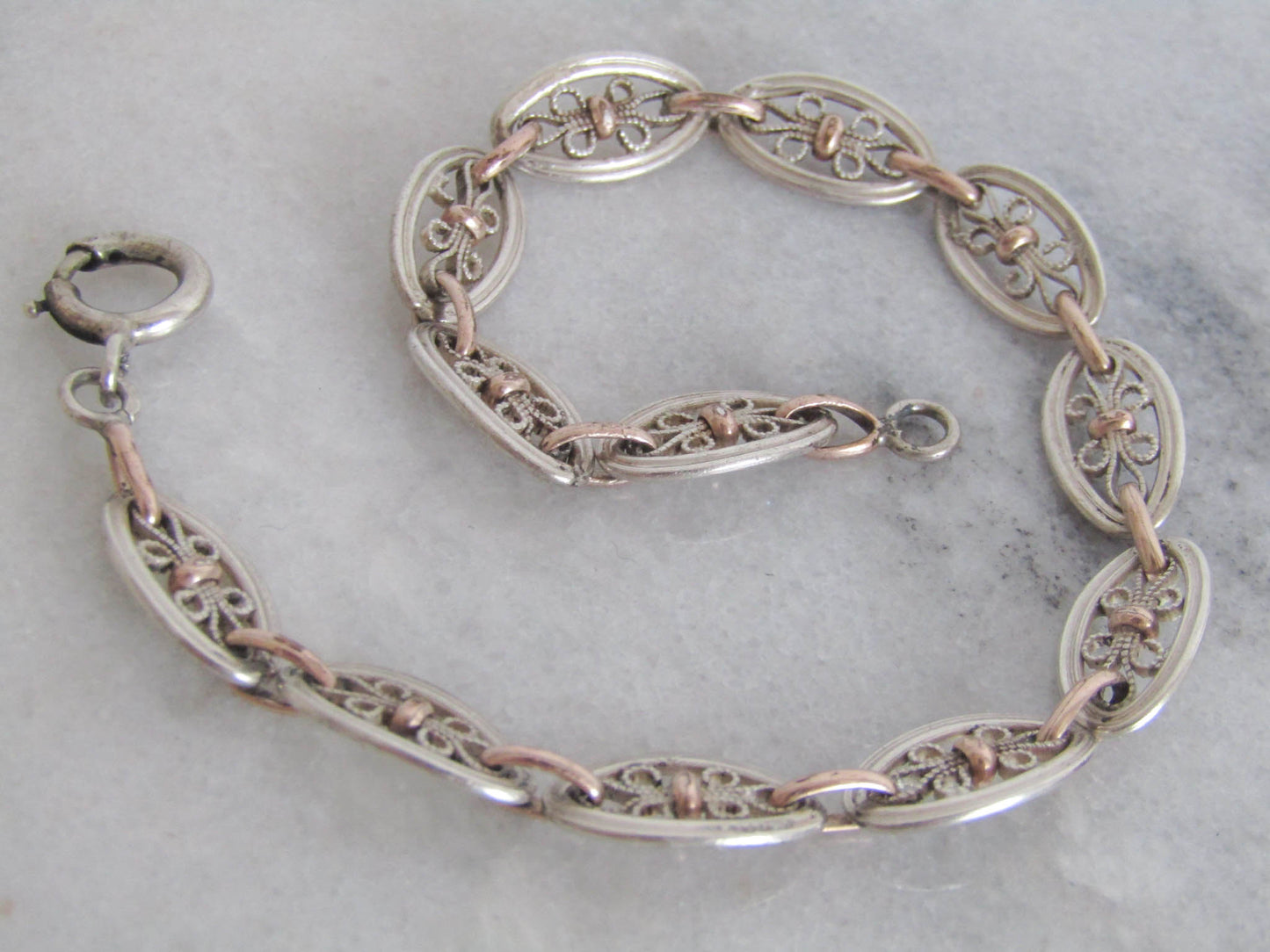 Antique Silver and Rose Gold Fill Filigree Bracelet