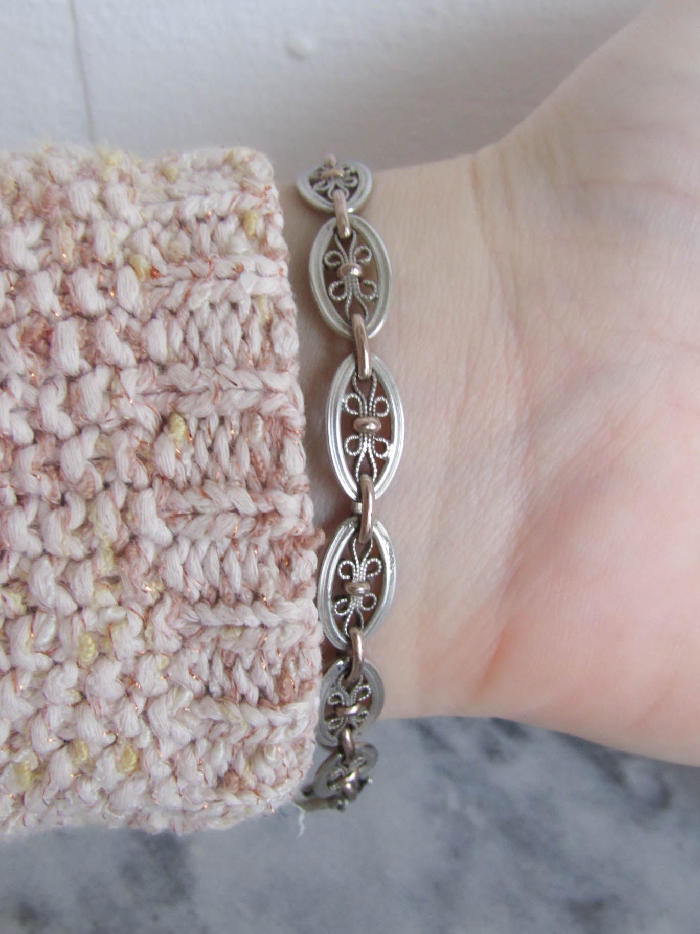 Antique Silver and Rose Gold Fill Filigree Bracelet