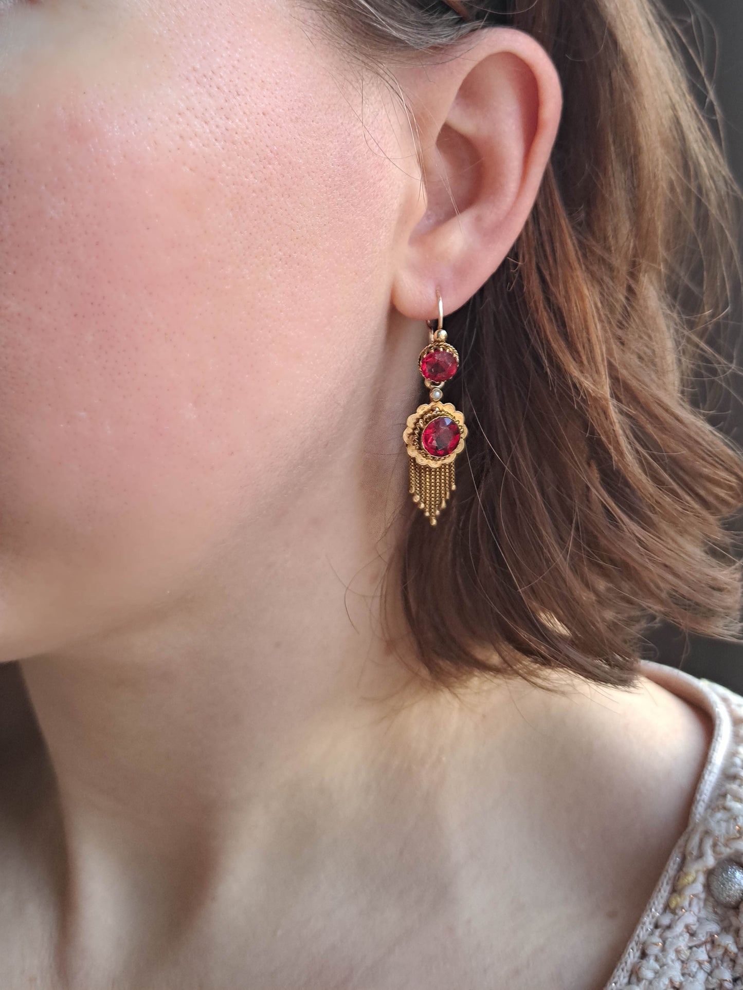 Antique 18K Gold Ruby Paste Day/Night Napoleon III French 3 in 1 Earrings c. 1880