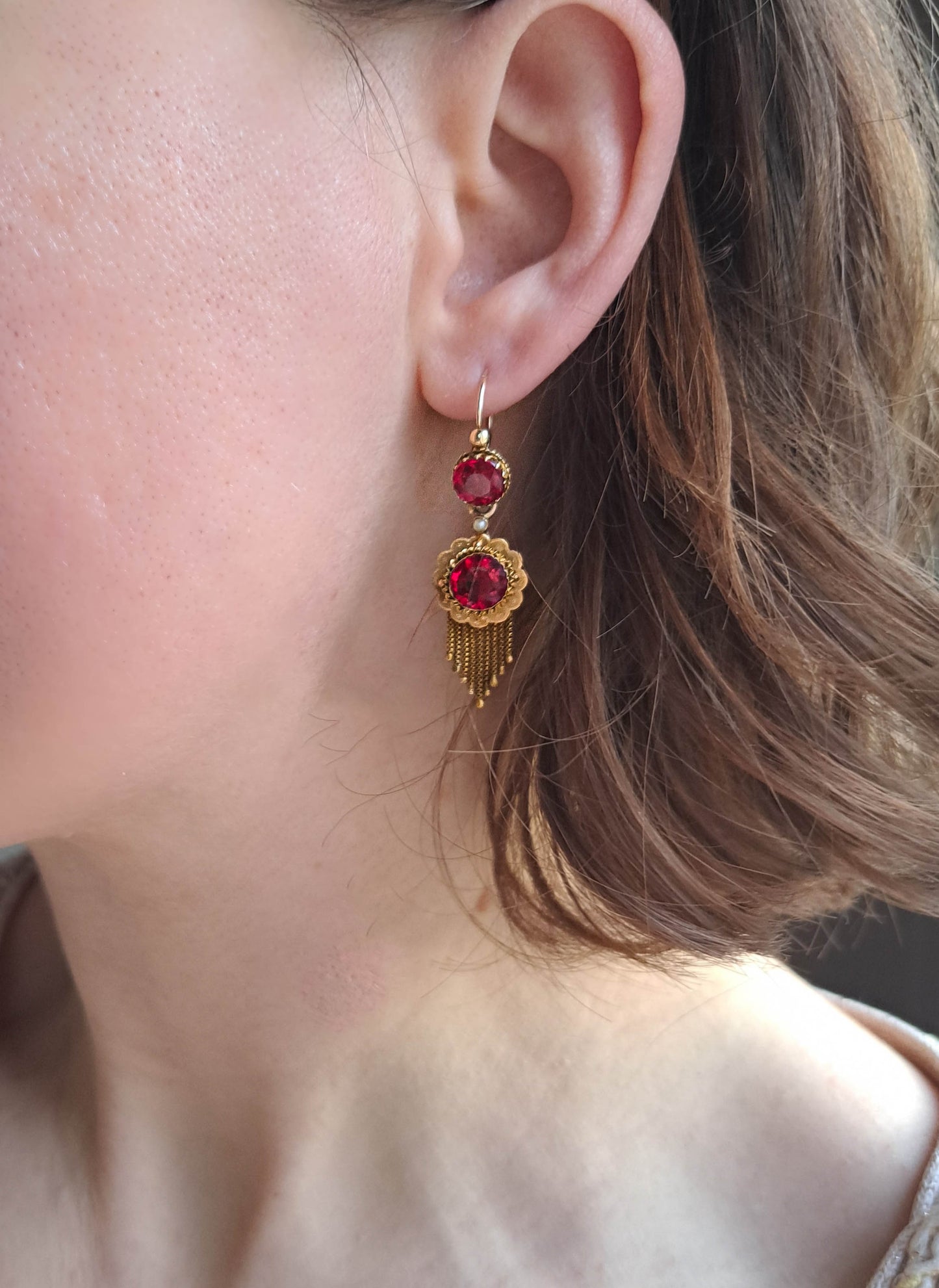 Antique 18K Gold Ruby Paste Day/Night Napoleon III French 3 in 1 Earrings c. 1880