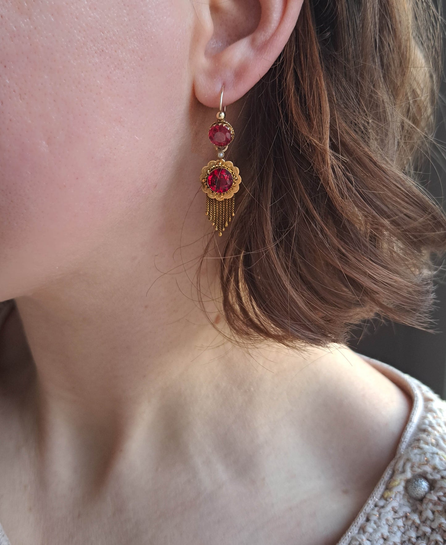 Antique 18K Gold Ruby Paste Day/Night Napoleon III French 3 in 1 Earrings c. 1880