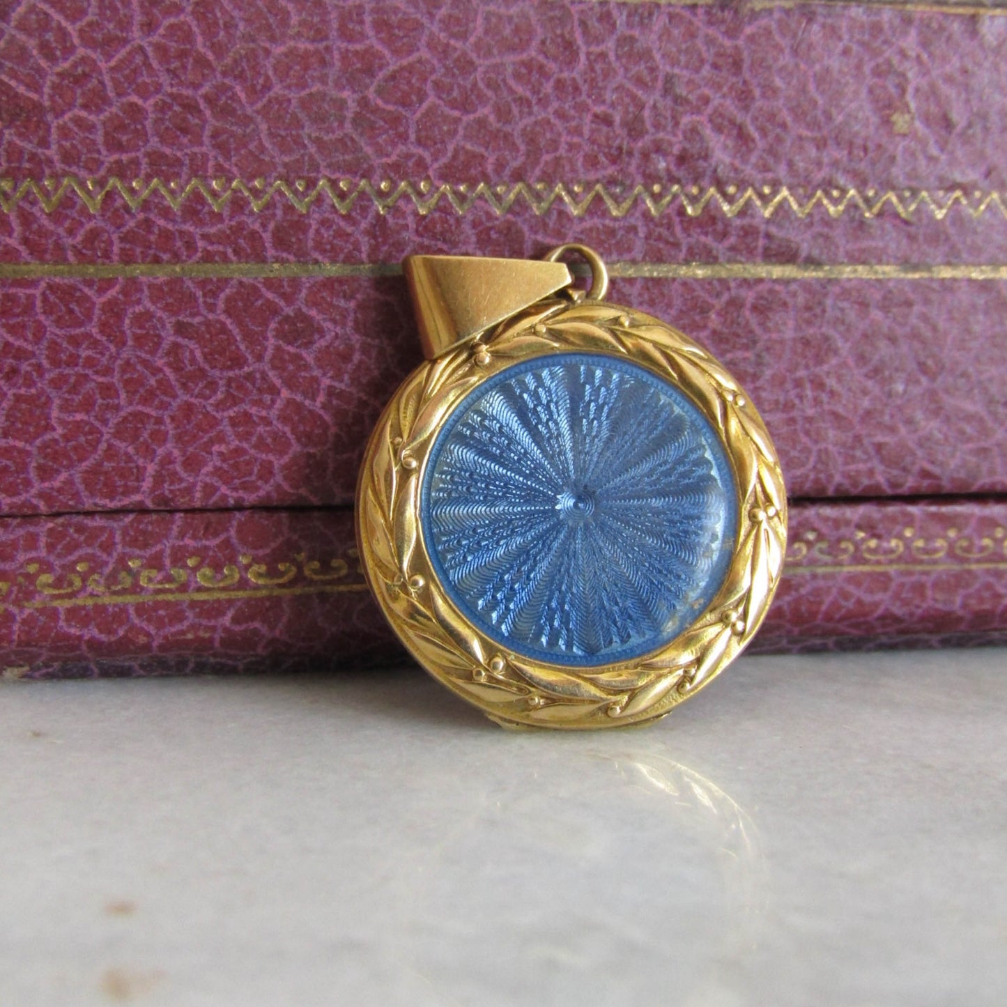 18K Gold Belle Epoque Guilloche Enameled French Locket with Laurel Wreath Details c. 1900