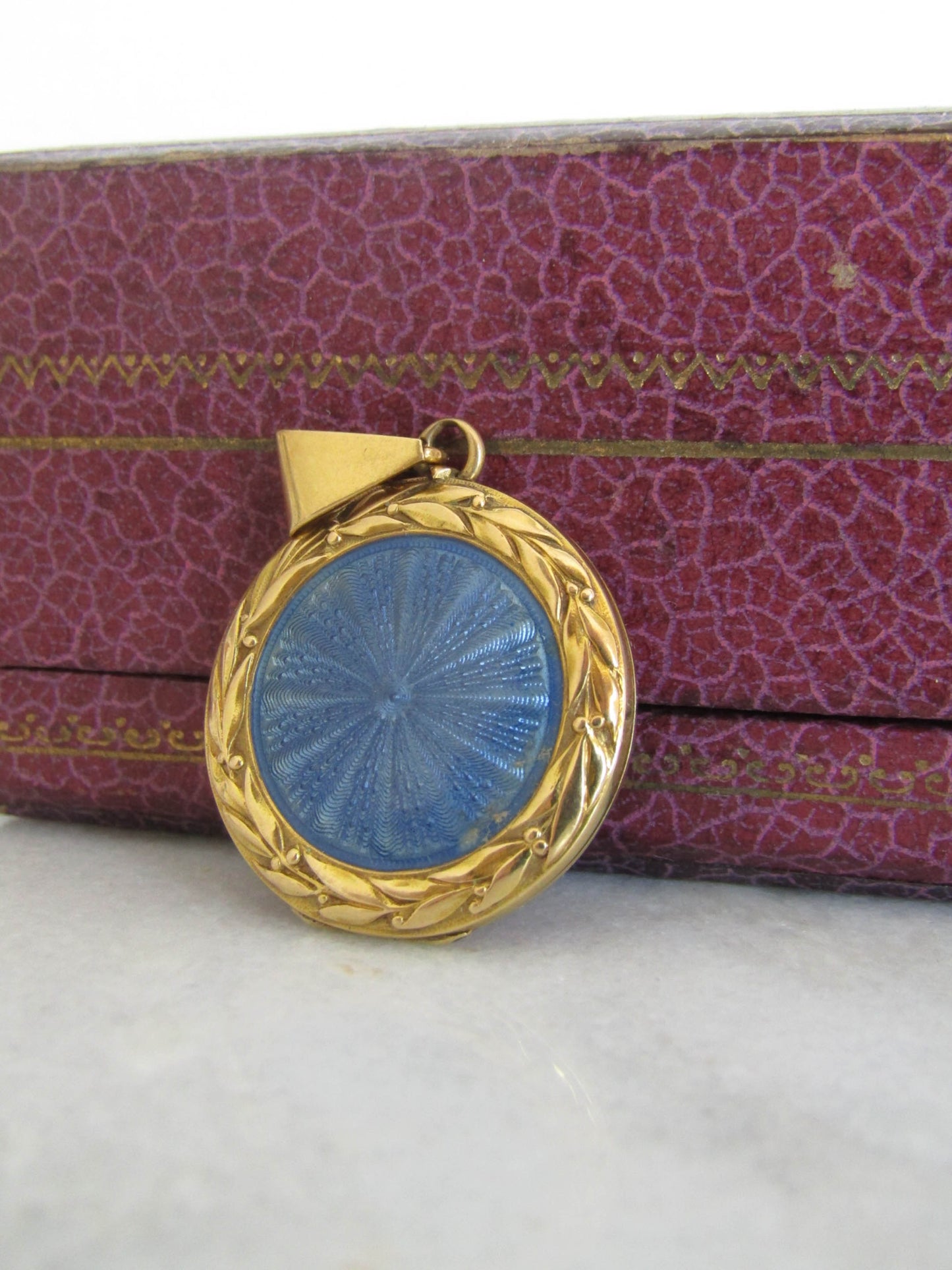 18K Gold Belle Epoque Guilloche Enameled French Locket with Laurel Wreath Details c. 1900