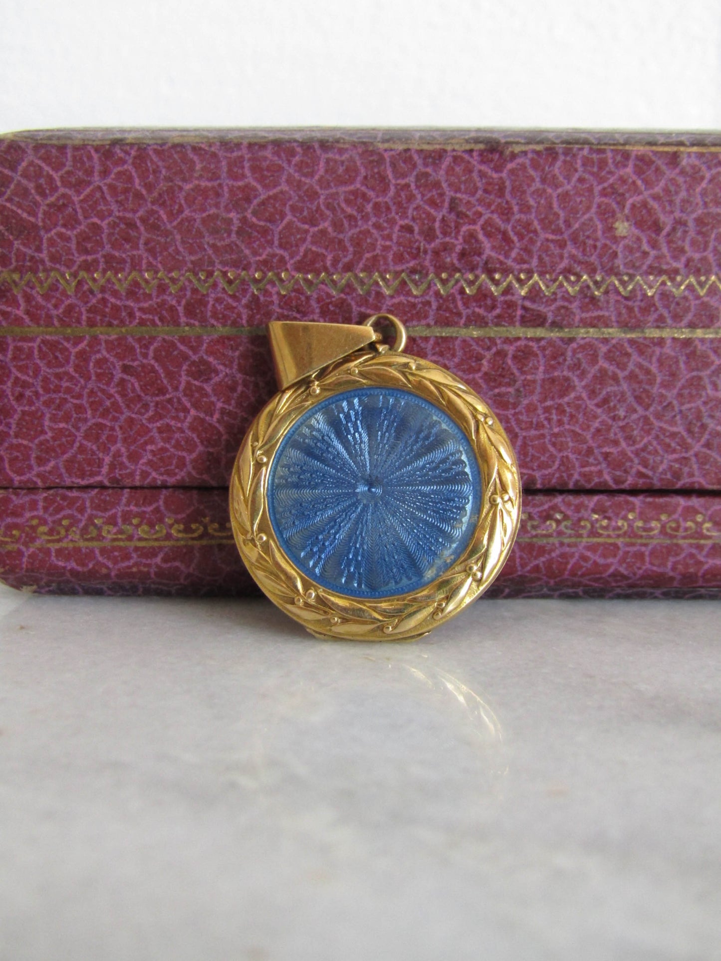 18K Gold Belle Epoque Guilloche Enameled French Locket with Laurel Wreath Details c. 1900