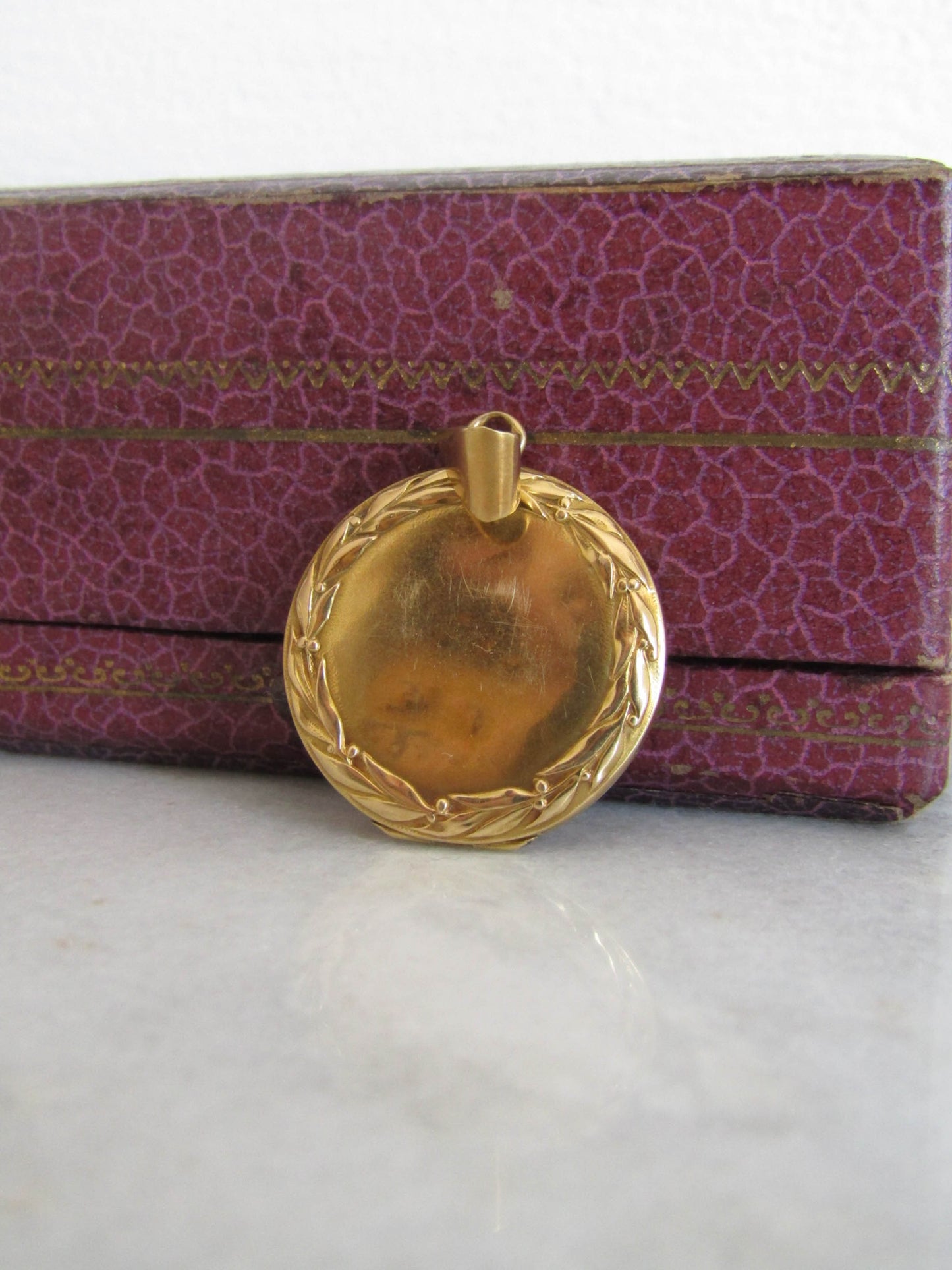 18K Gold Belle Epoque Guilloche Enameled French Locket with Laurel Wreath Details c. 1900