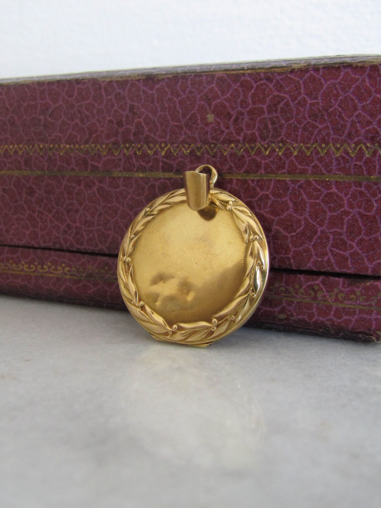 18K Gold Belle Epoque Guilloche Enameled French Locket with Laurel Wreath Details c. 1900