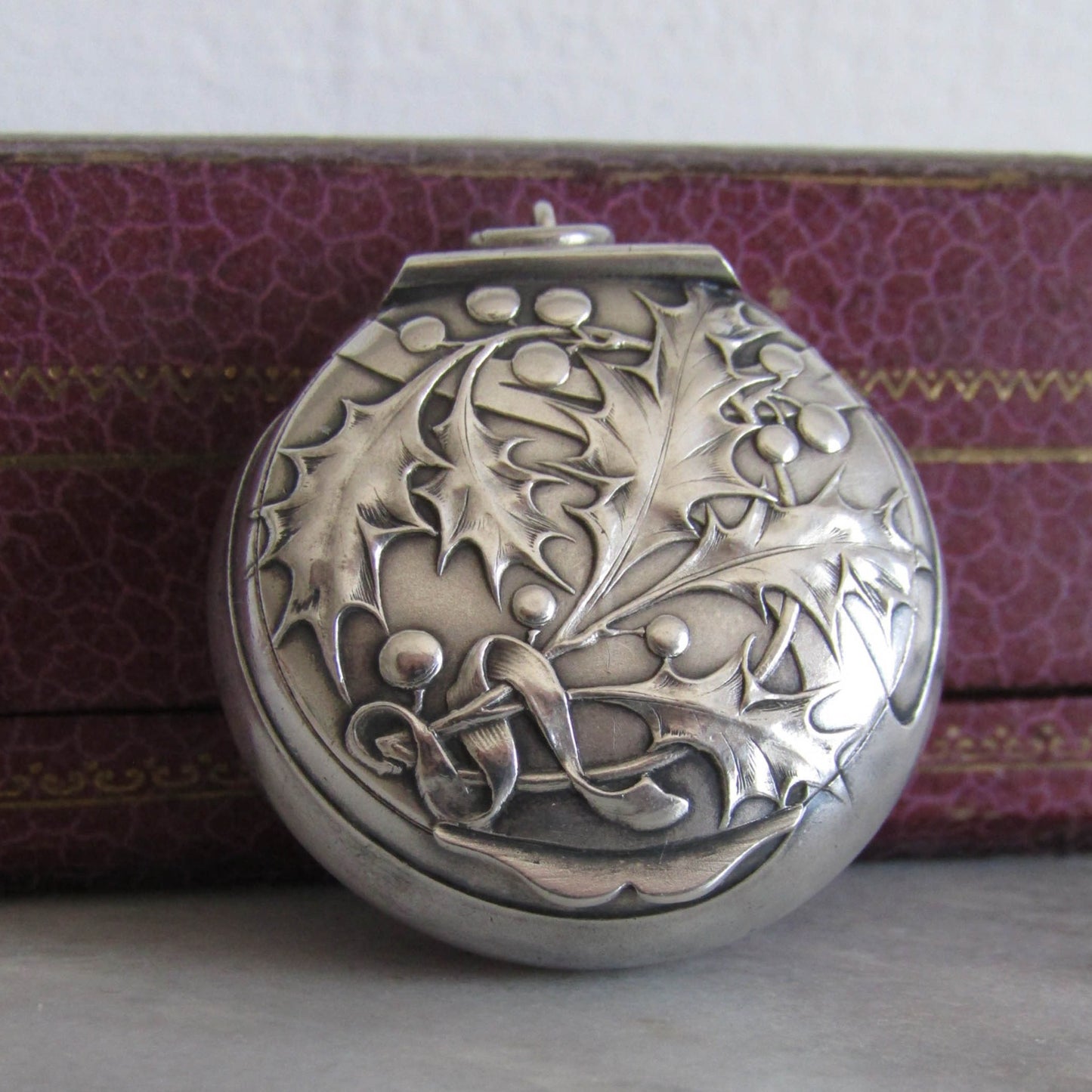 Charles MURAT Art Nouveau Silver Holly Pillbox Pendant, Antique French Holly Powder box locket c. 1900