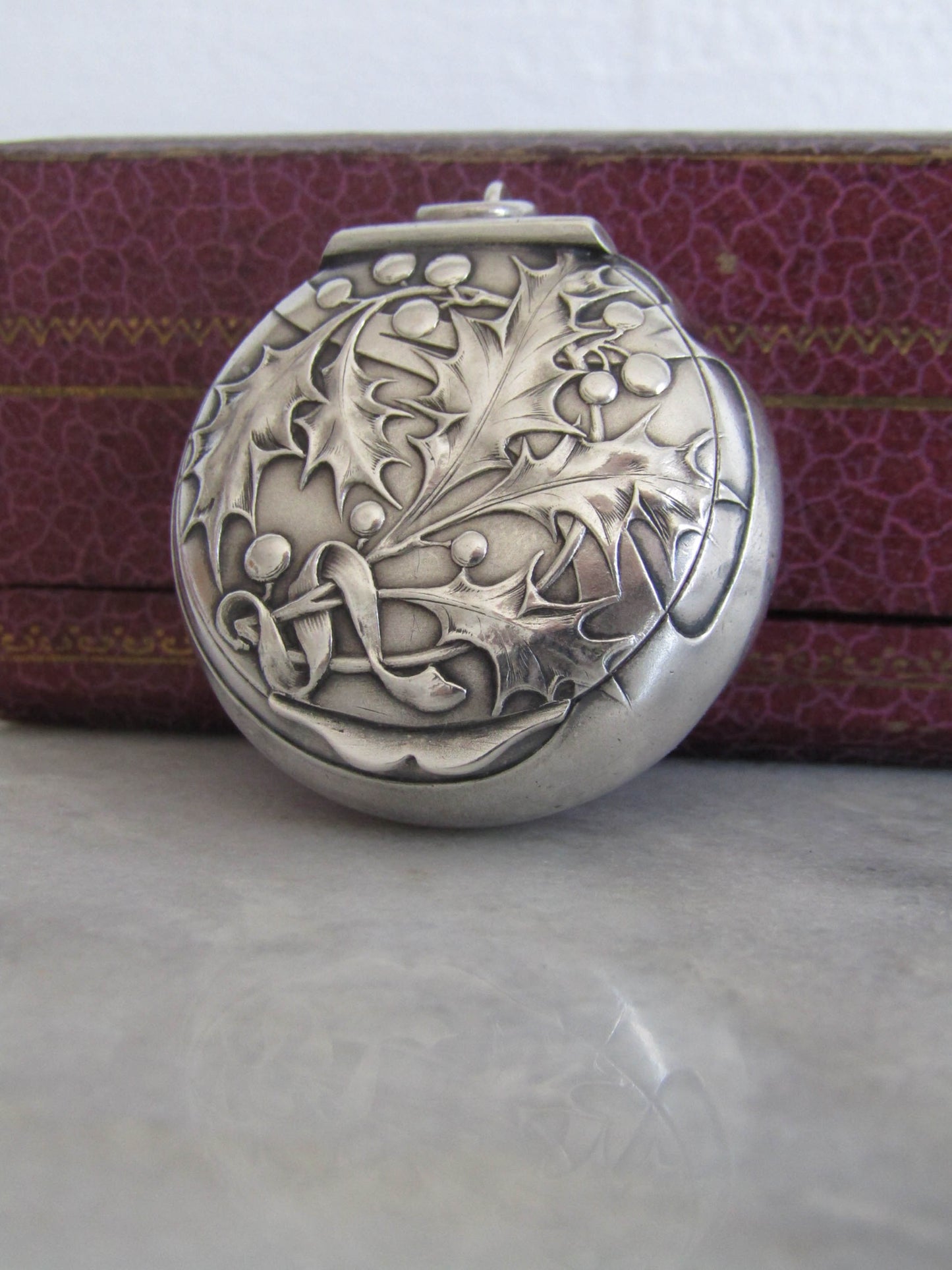 Charles MURAT Art Nouveau Silver Holly Pillbox Pendant, Antique French Holly Powder box locket c. 1900