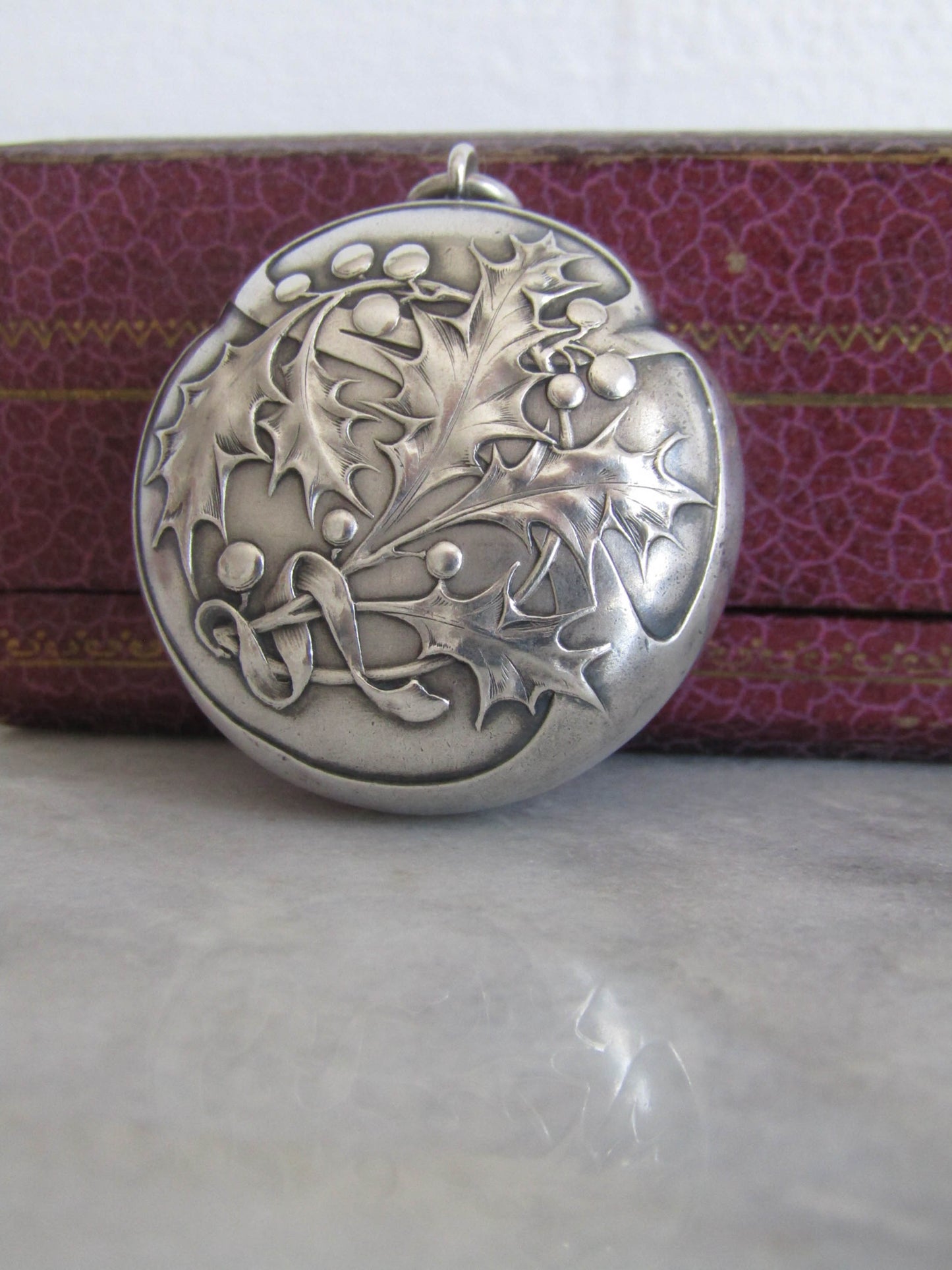 Charles MURAT Art Nouveau Silver Holly Pillbox Pendant, Antique French Holly Powder box locket c. 1900