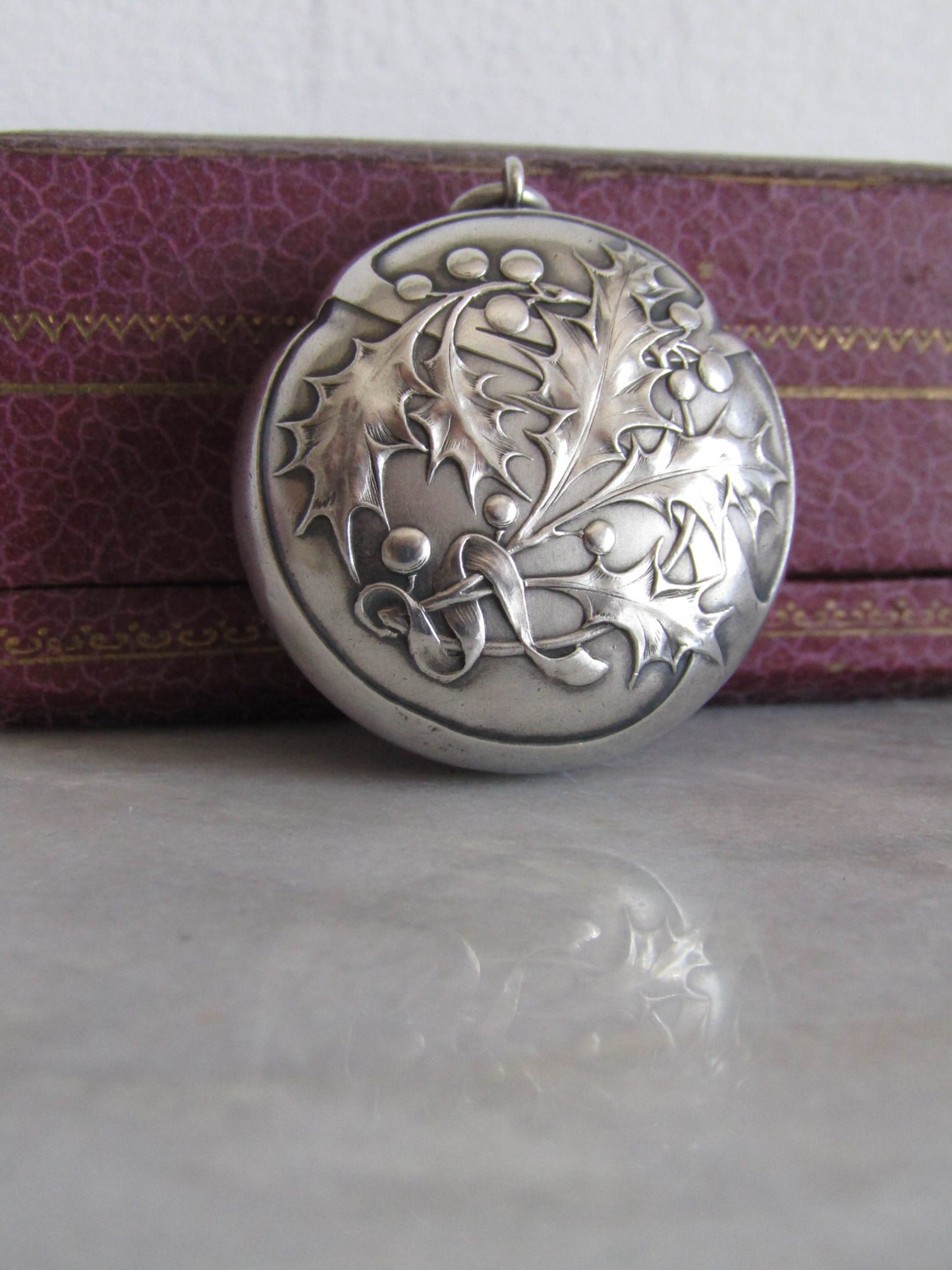 Charles MURAT Art Nouveau Silver Holly Pillbox Pendant, Antique French Holly Powder box locket c. 1900