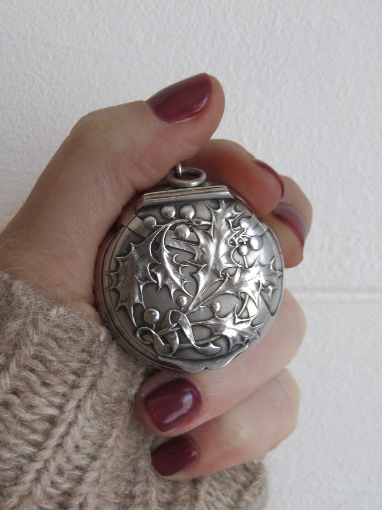 Charles MURAT Art Nouveau Silver Holly Pillbox Pendant, Antique French Holly Powder box locket c. 1900