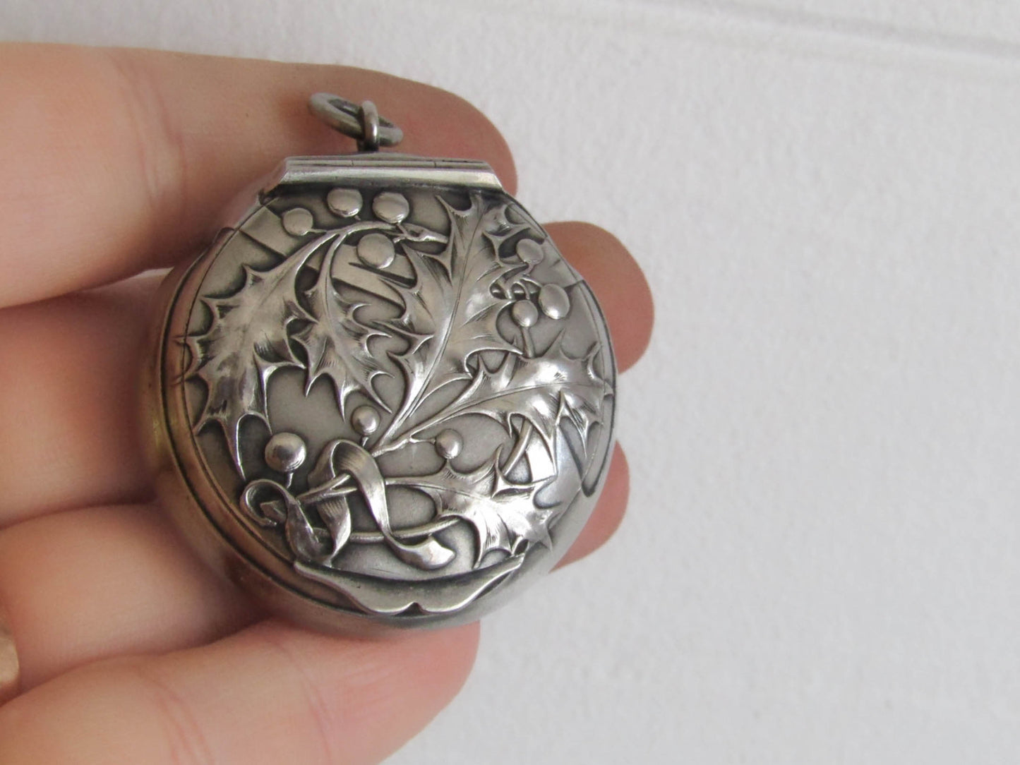 Charles MURAT Art Nouveau Silver Holly Pillbox Pendant, Antique French Holly Powder box locket c. 1900