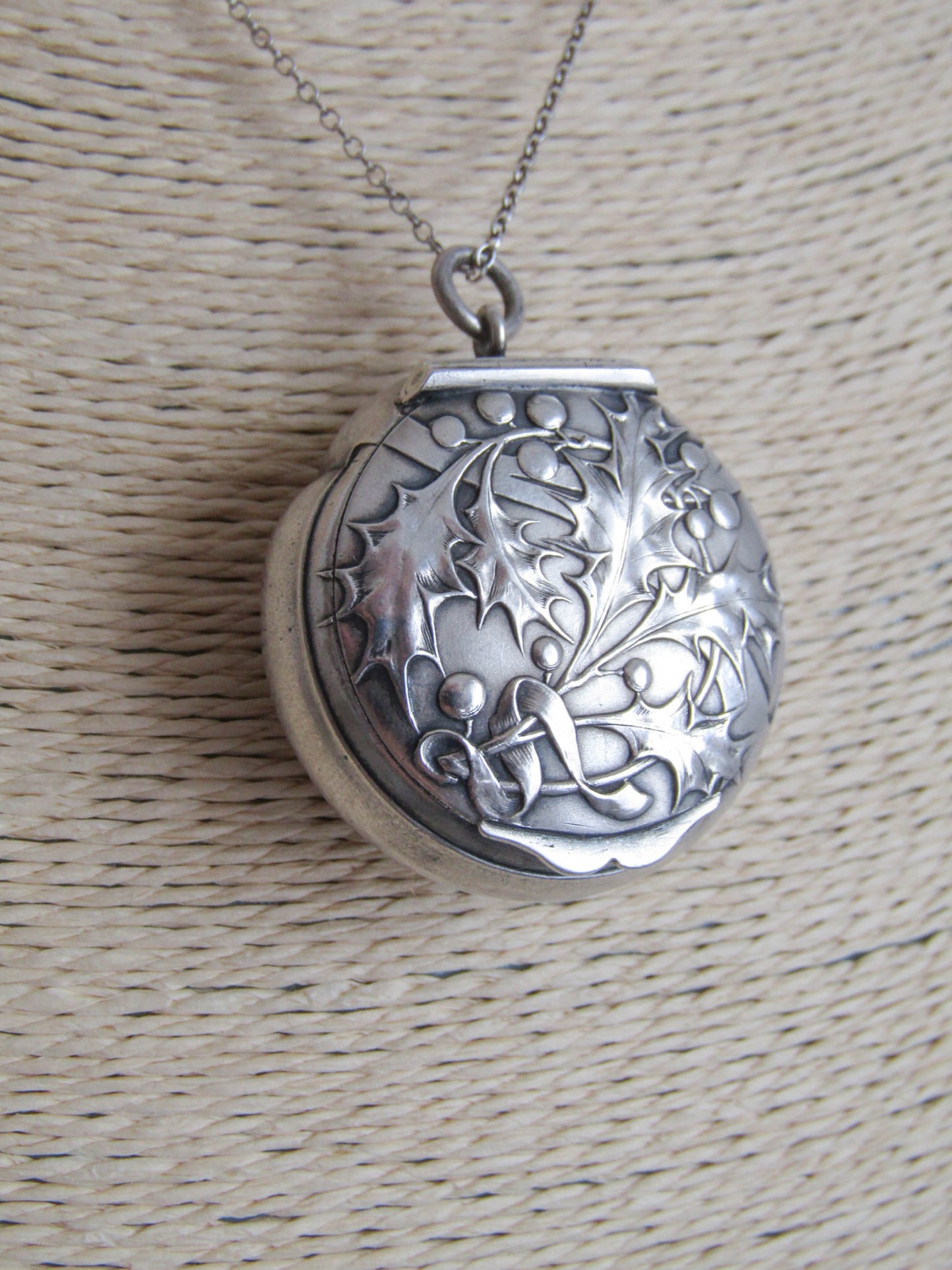 Charles MURAT Art Nouveau Silver Holly Pillbox Pendant, Antique French Holly Powder box locket c. 1900