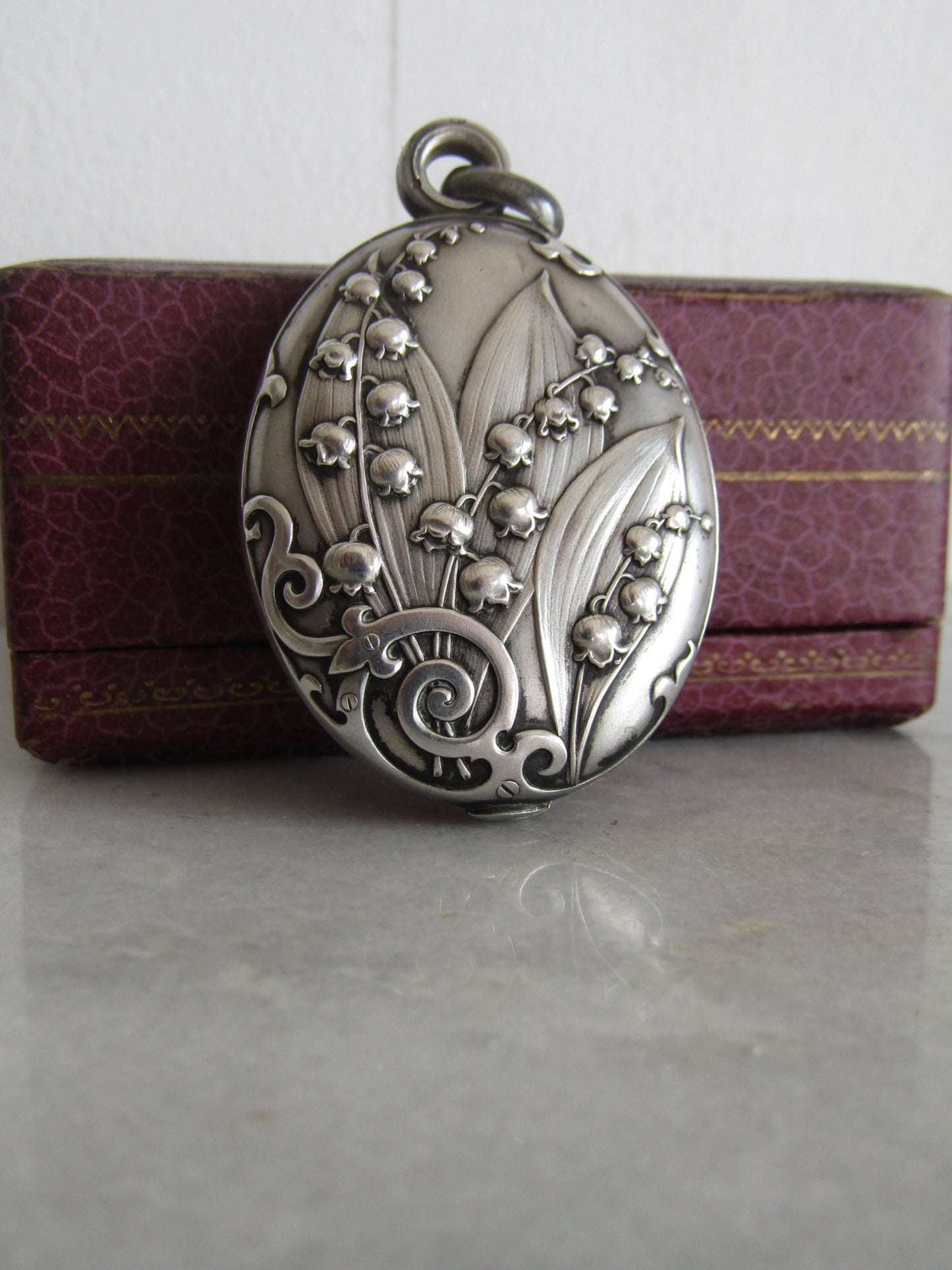 Art Nouveau Solid Silver Lilly of the Valley Slide Mirror Pendant, Antique French Slide Mirror c. 1900