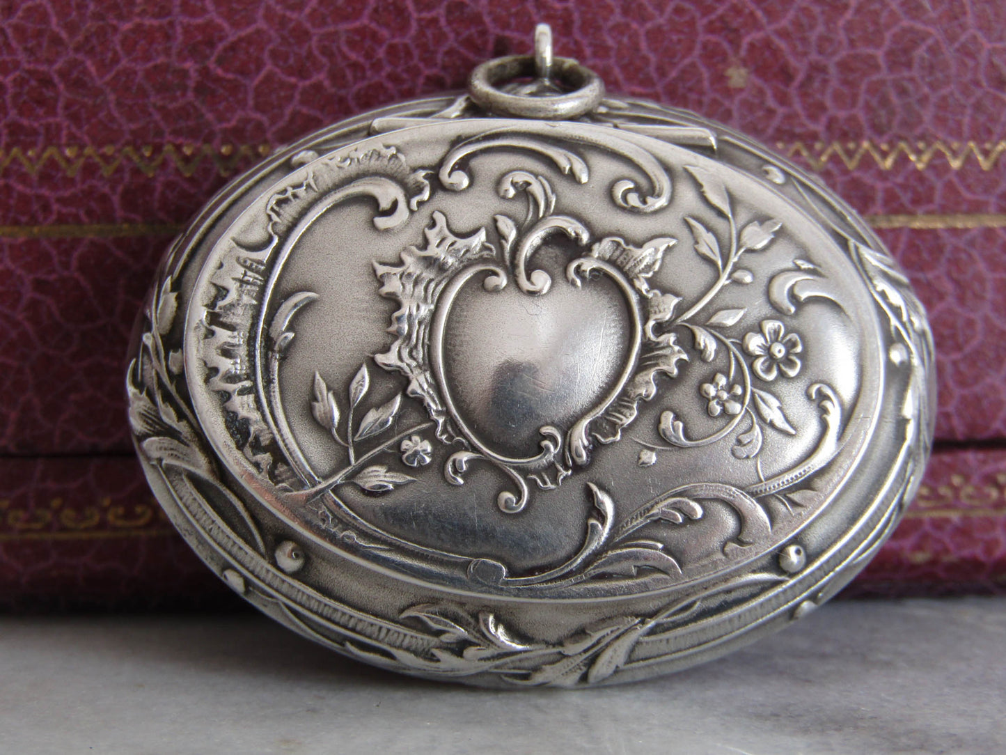 Antique Silver Art Nouveau Powder Box Pendant c. 1900, Prudent QUITTE Rocaille Style Mirror Pendant