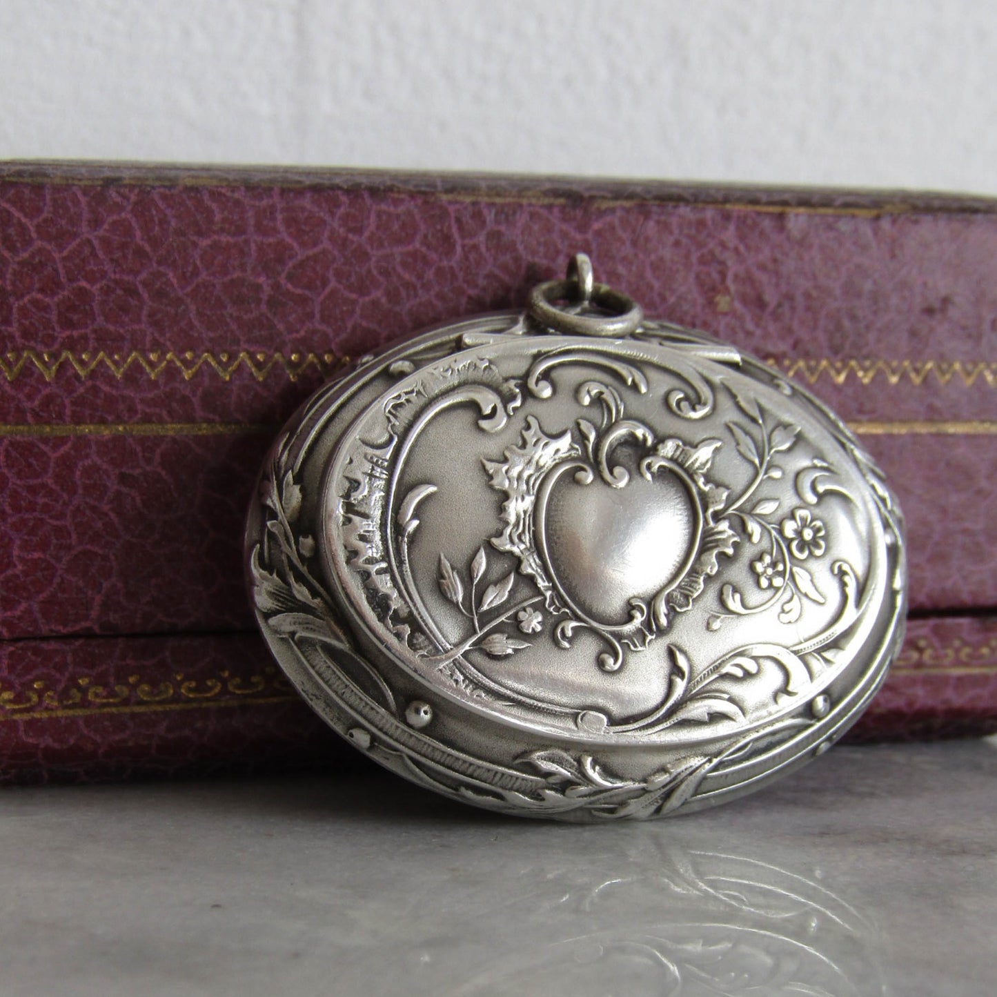 Antique Silver Art Nouveau Powder Box Pendant c. 1900, Prudent QUITTE Rocaille Style Mirror Pendant