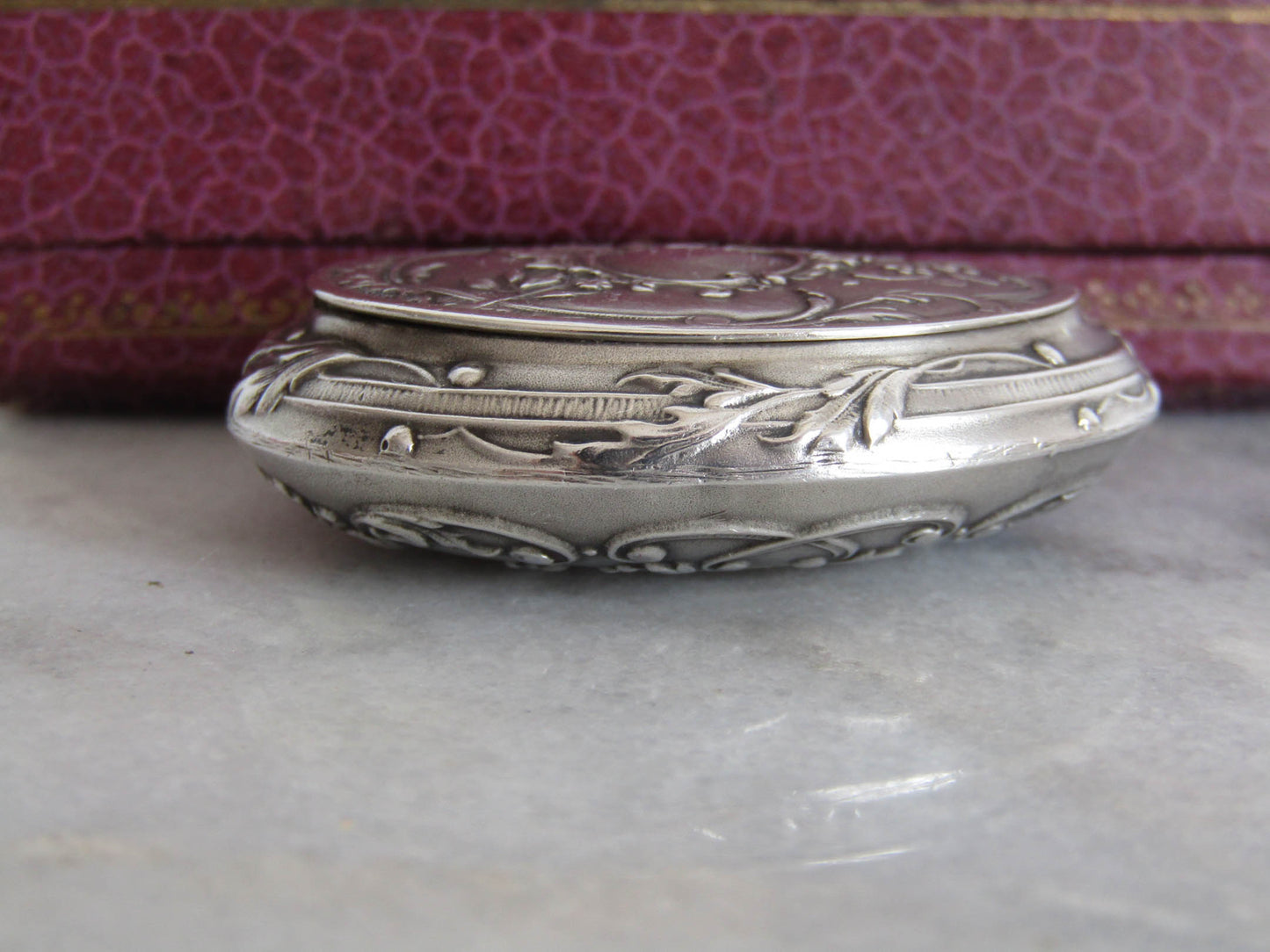 Antique Silver Art Nouveau Powder Box Pendant c. 1900, Prudent QUITTE Rocaille Style Mirror Pendant