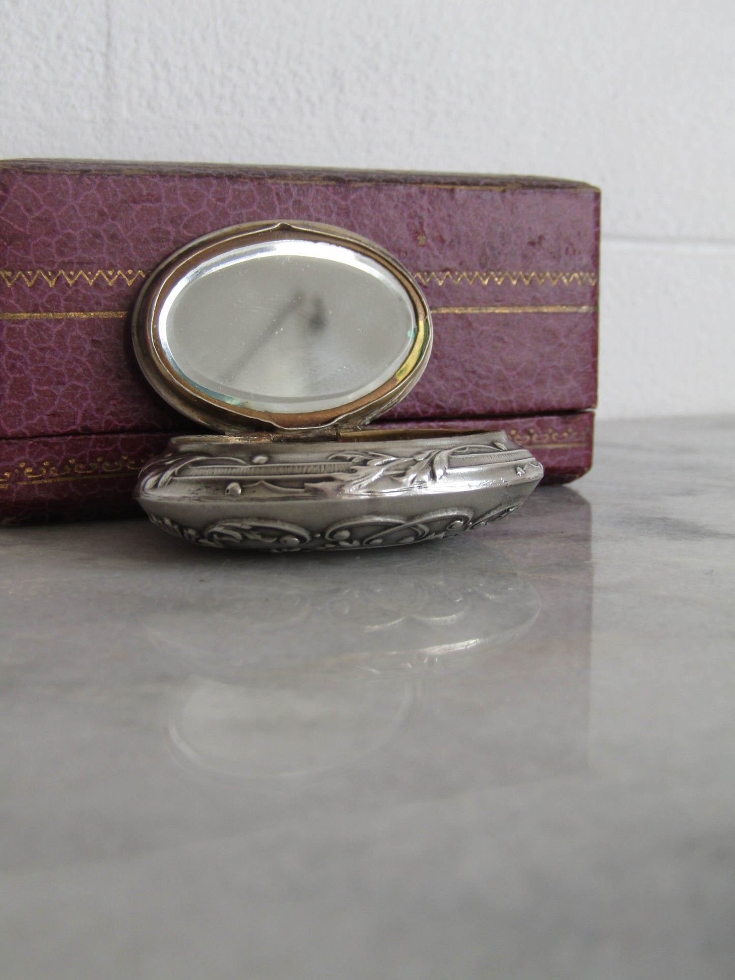 Antique Silver Art Nouveau Powder Box Pendant c. 1900, Prudent QUITTE Rocaille Style Mirror Pendant