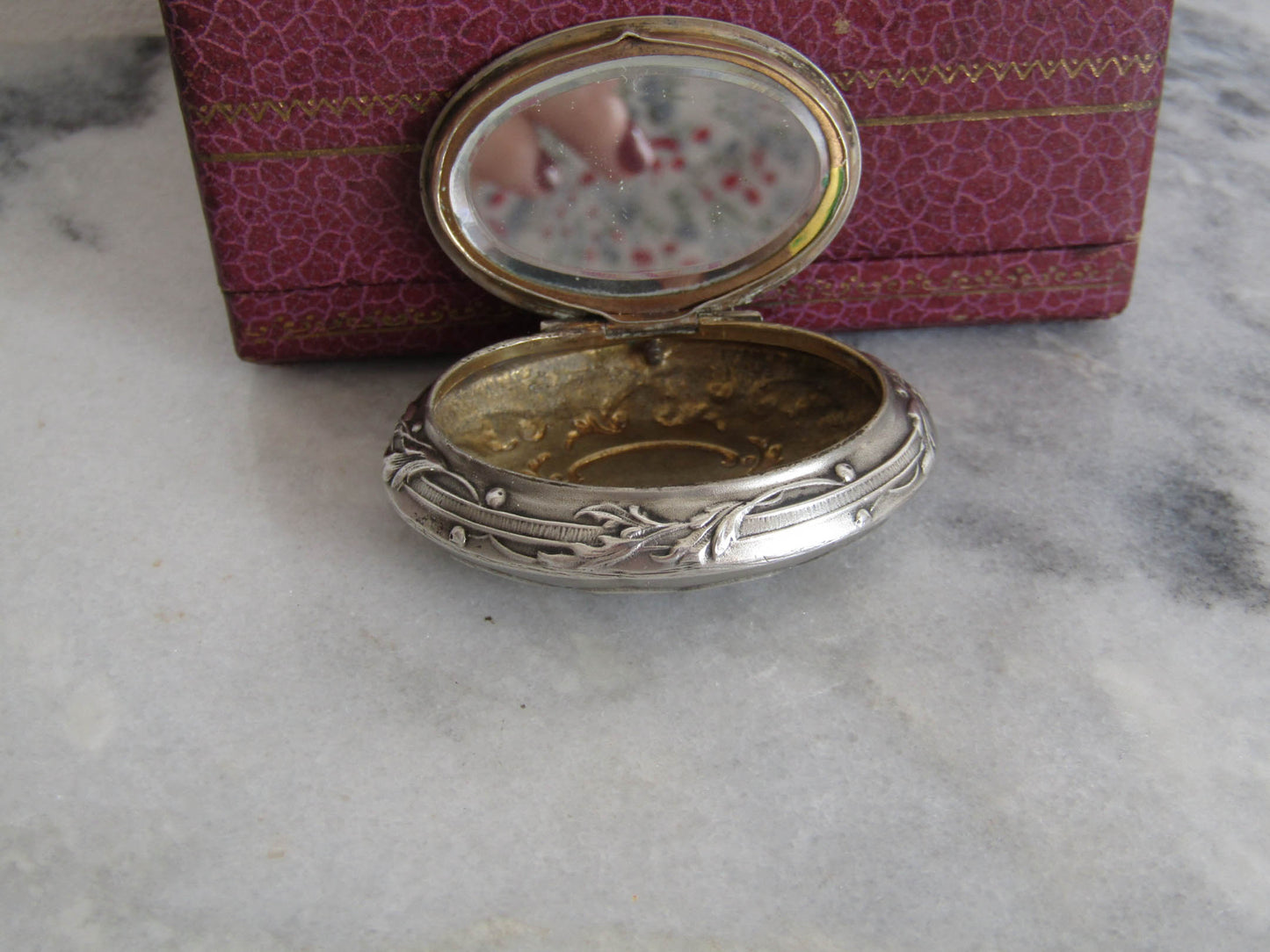 Antique Silver Art Nouveau Powder Box Pendant c. 1900, Prudent QUITTE Rocaille Style Mirror Pendant