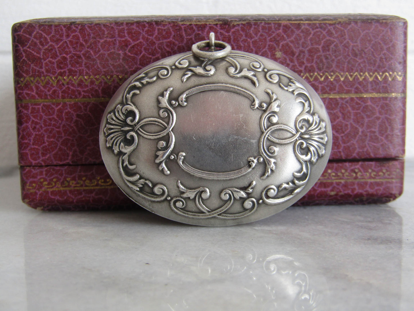 Antique Silver Art Nouveau Powder Box Pendant c. 1900, Prudent QUITTE Rocaille Style Mirror Pendant