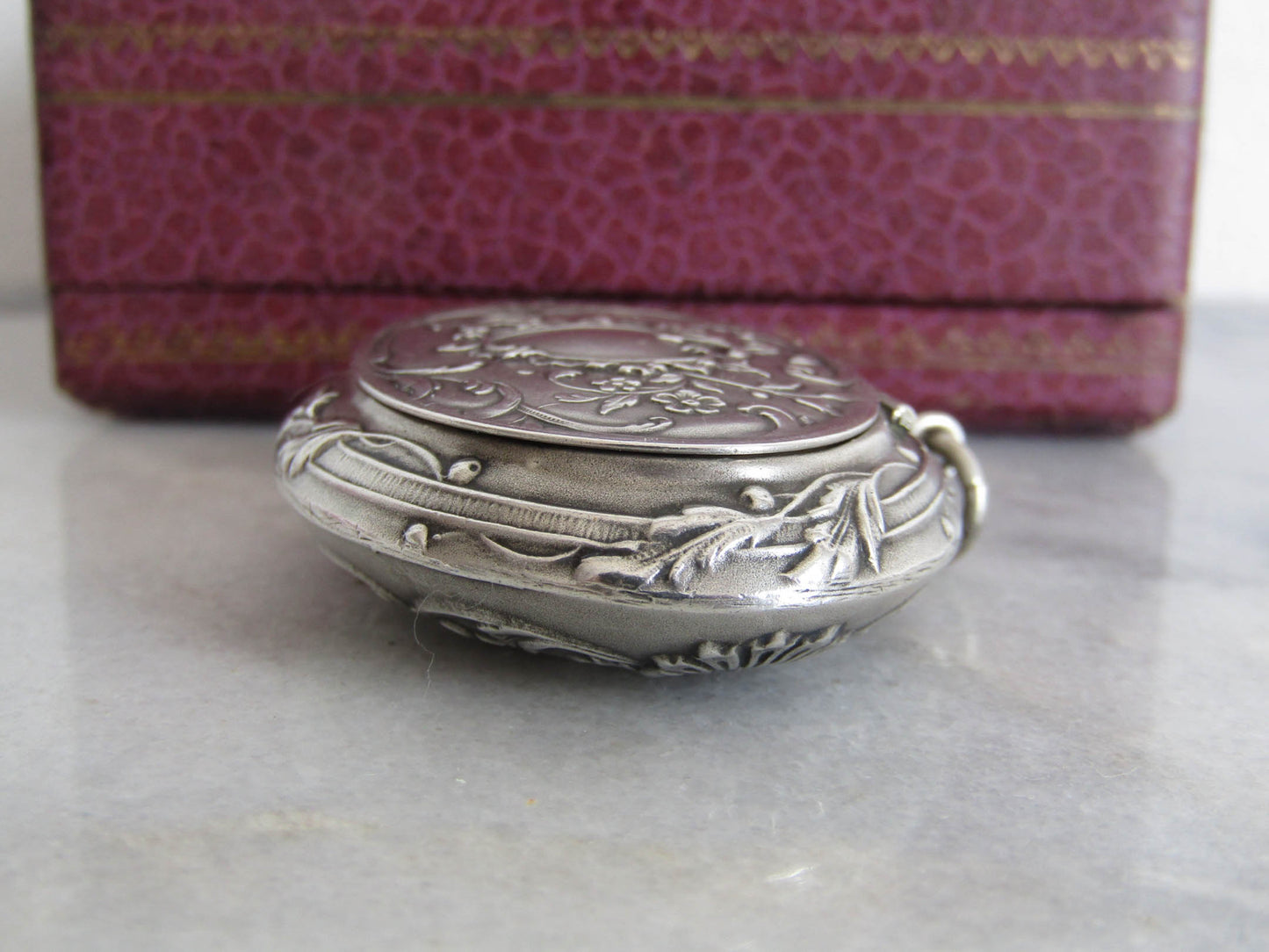 Antique Silver Art Nouveau Powder Box Pendant c. 1900, Prudent QUITTE Rocaille Style Mirror Pendant