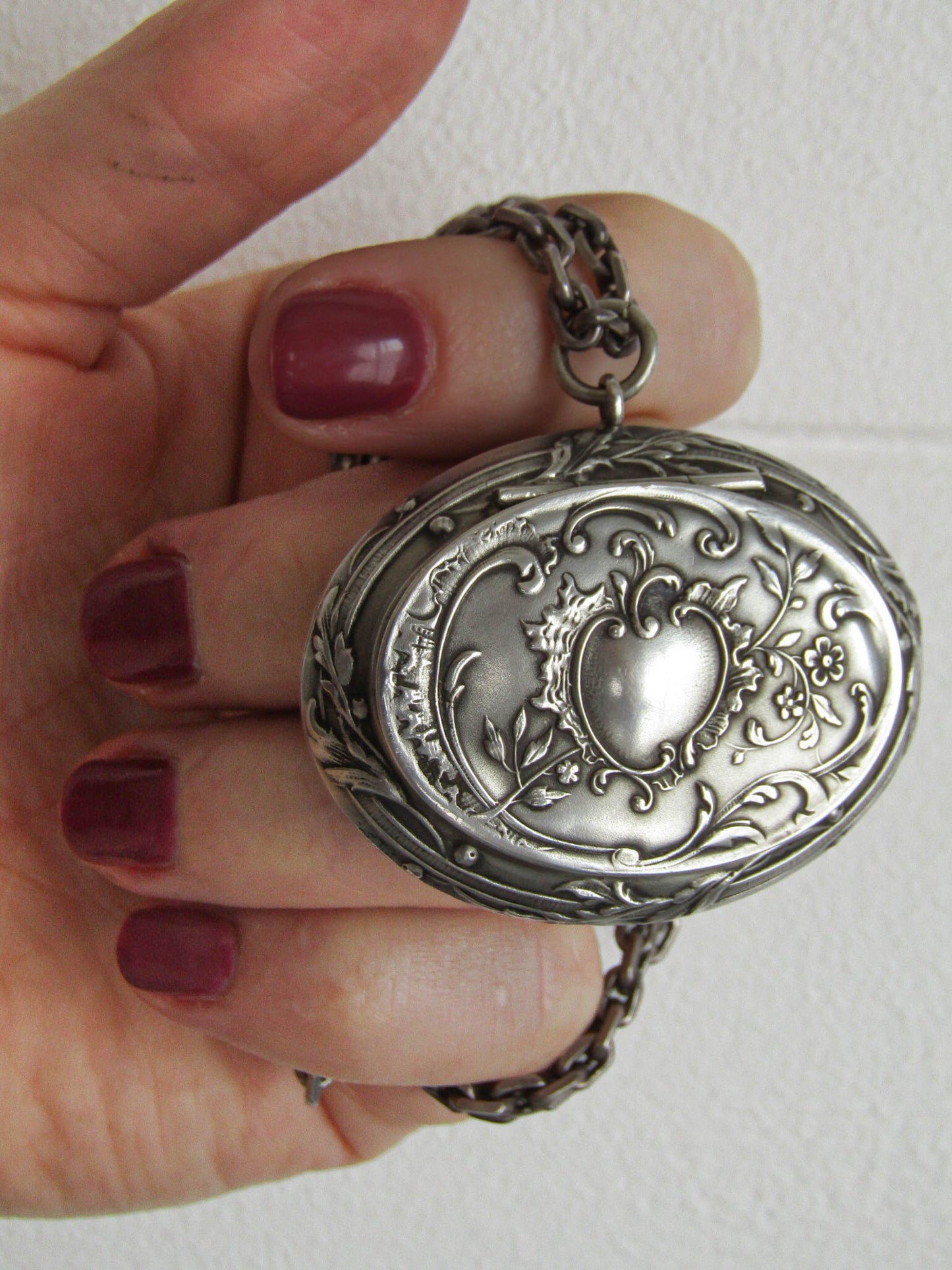 Antique Silver Art Nouveau Powder Box Pendant c. 1900, Prudent QUITTE Rocaille Style Mirror Pendant