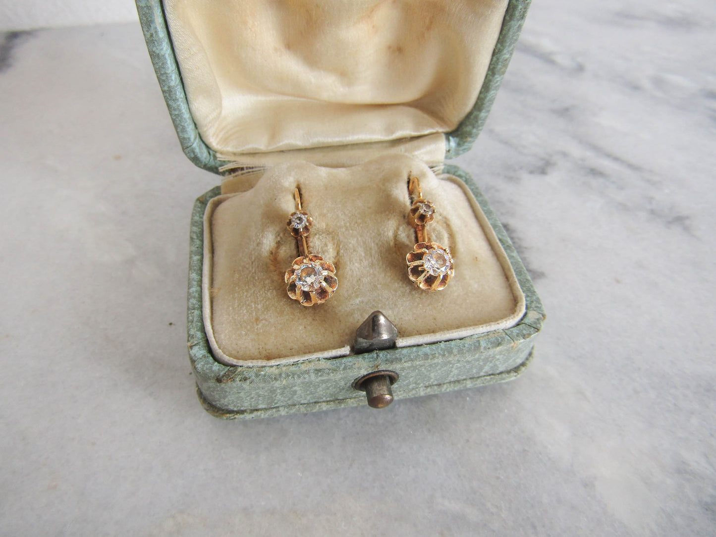 Antique Solid 18K Gold Earrings, Art Deco Glass Paste Trembleuse Drop earrings c. 1920