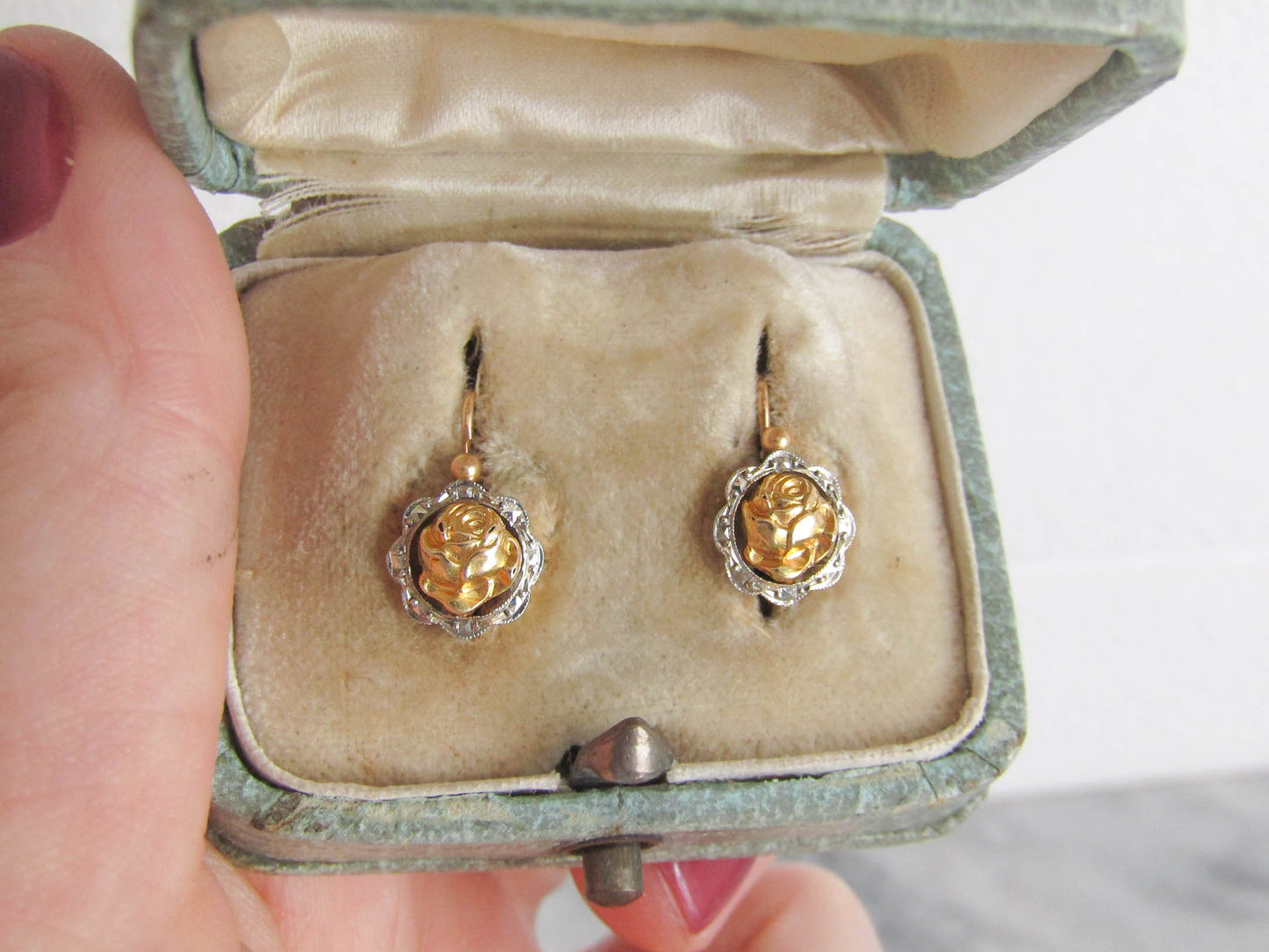 Antique 18K Solid Gold and Platinum Art Deco Rose Earrings c. 1910